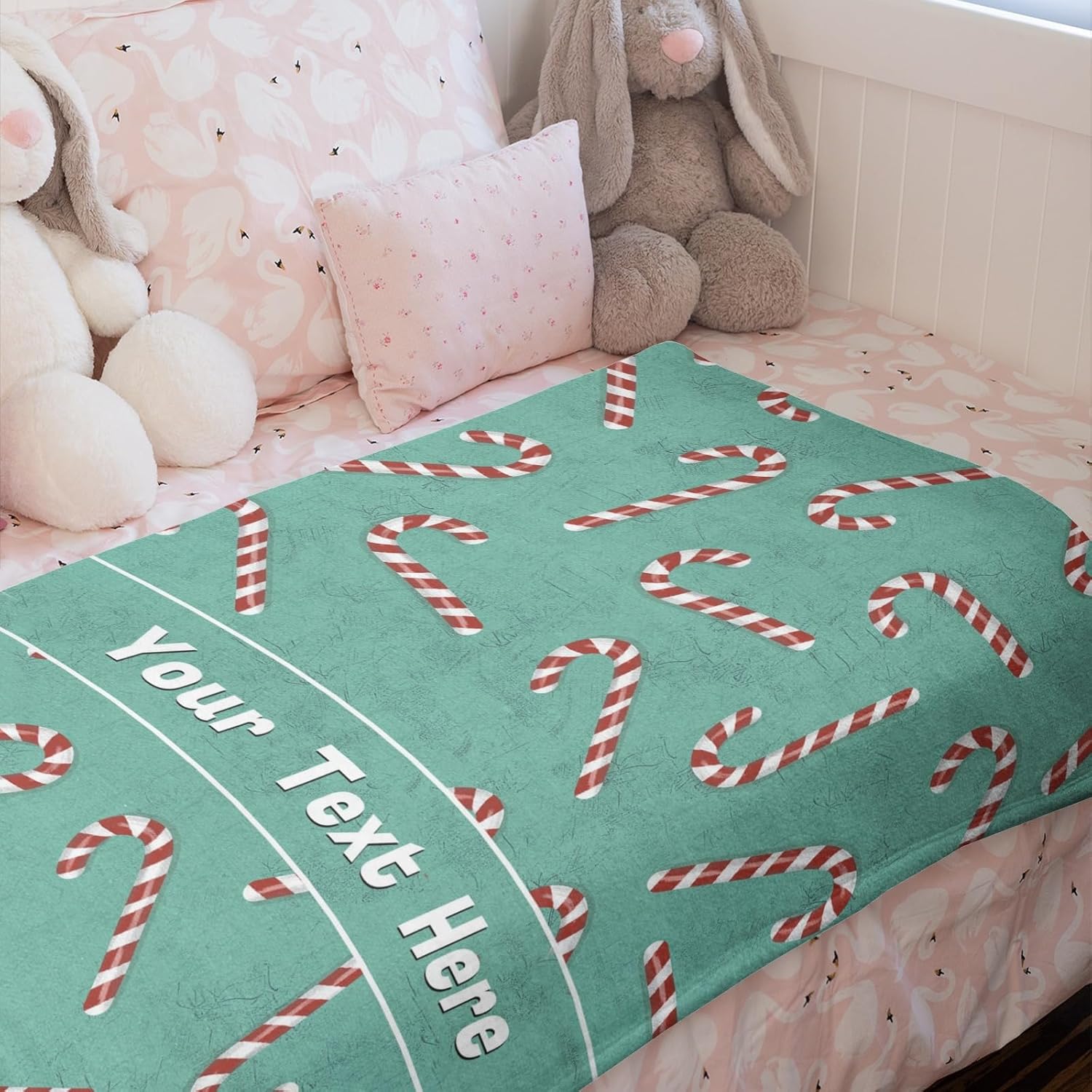 Customized Name Blanket Candy Cane, Personalized Throw Blankets for Adult Kid Teen Birthday Christmas, Green, 60" x 80"