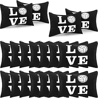 18 Pieces Volleyball Pouch Love Makeup Bag Organizer Travel Women Volleyball Gifts Small Zipper Volleyball Bags Canvas Toiletry Volleyball Team Bag Cute Storage Cosmetic Pencil Case for Players