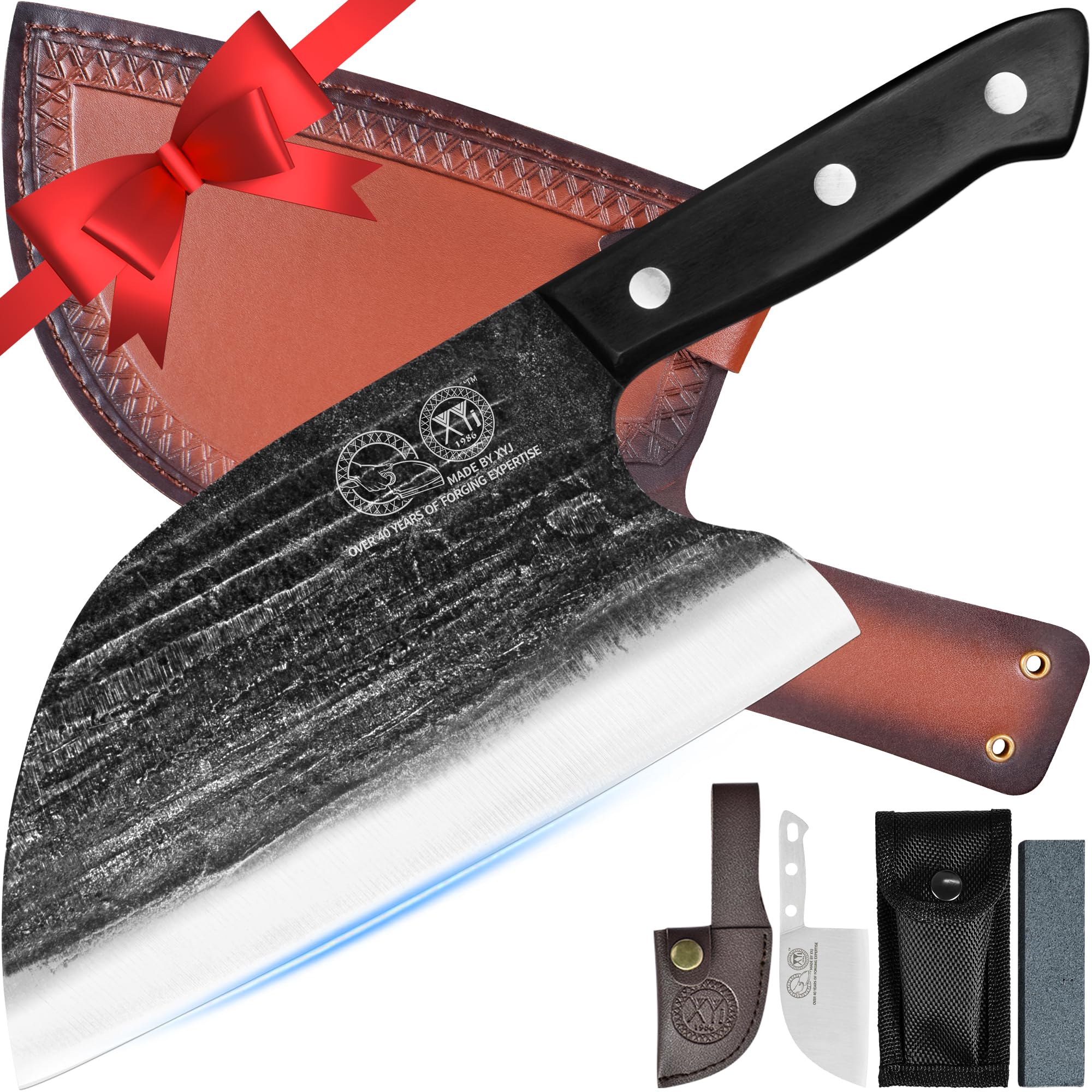XYJ Full Tang, Serbian Chefs knife,Chef Meat Cleaver,Kitchen Knives,Set with Leather Sheath,Take Carrying,Butcher (8 Inch)