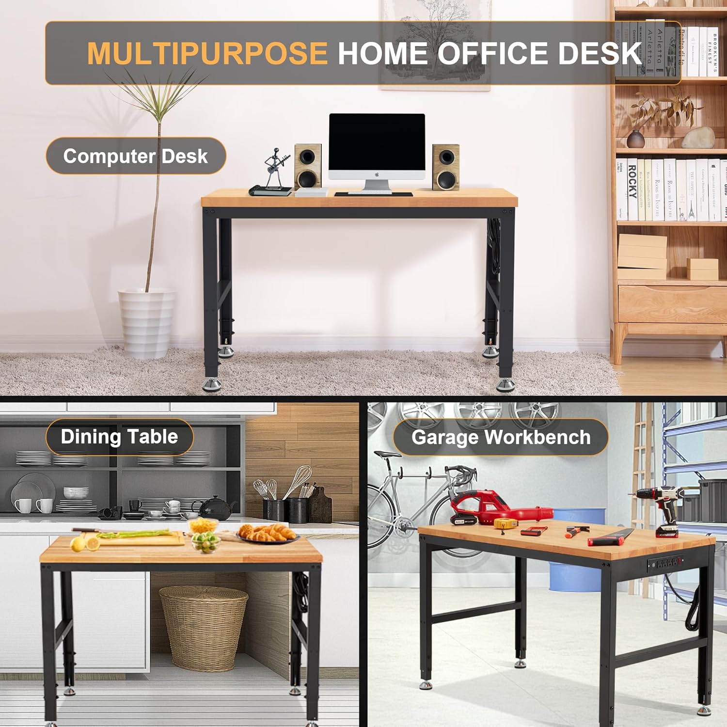 Heavy Duty Workbench Adjustable, Solid Wood Working Bench, Work Tables with Power Outlets for Home Office, 2000 Lbs Capacity (48 inch with feet)