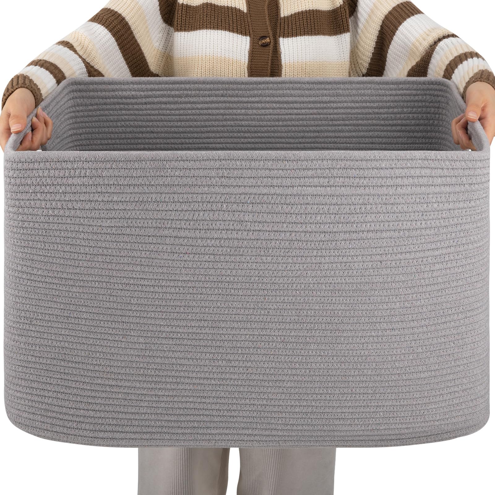 OIAHOMY XXXLarge Rectangle Blanket Basket-91L, Cotton Woven Basket for Storage, Dirty Clothes Basket for Laundry, Living Room, Nursery, Bedroom, Toy Organizing with Handle, 24" x 16" x 15",Grey