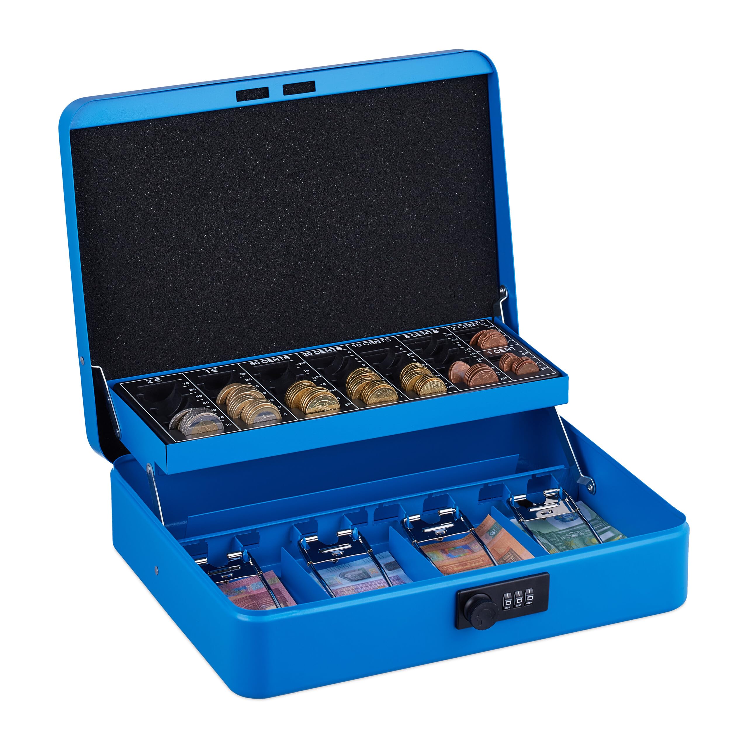 Relaxdays Cassetta con Combinazione Numerica a 3 Cifre, per Banconote, Scomparto per Monete, 8,5x30,5x25 cm, Blu, Ferro