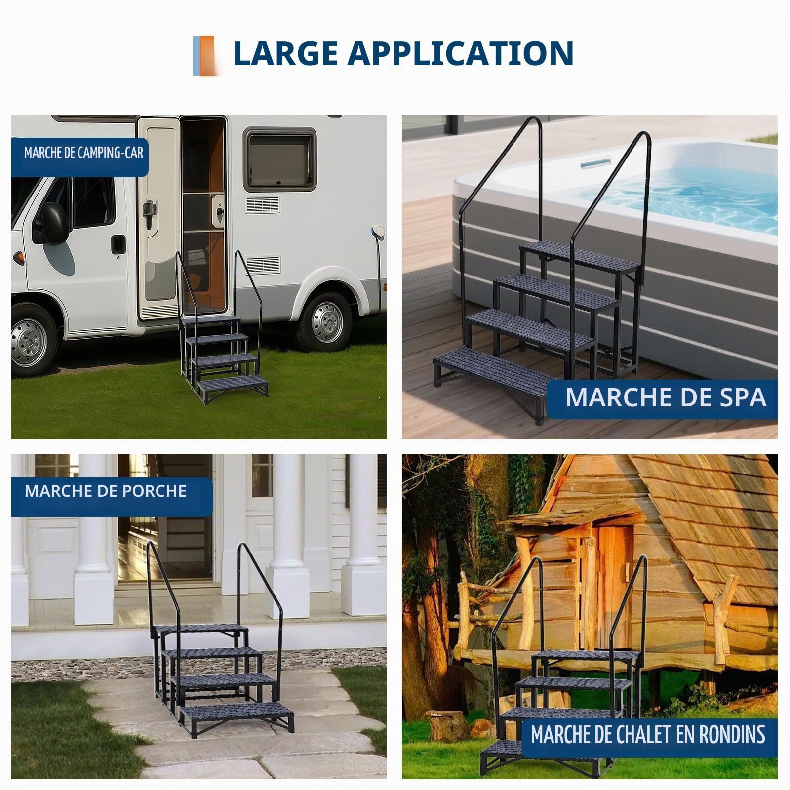 Garvee Escaliers RV Portatifs 4 Marches avec Rampe, Échelle RV avec Tapis Antidérapants, pour Roulottes, Camping-Cars, Baignoires Balnéo, Terrasses, Piscines, Animaux Domestiques