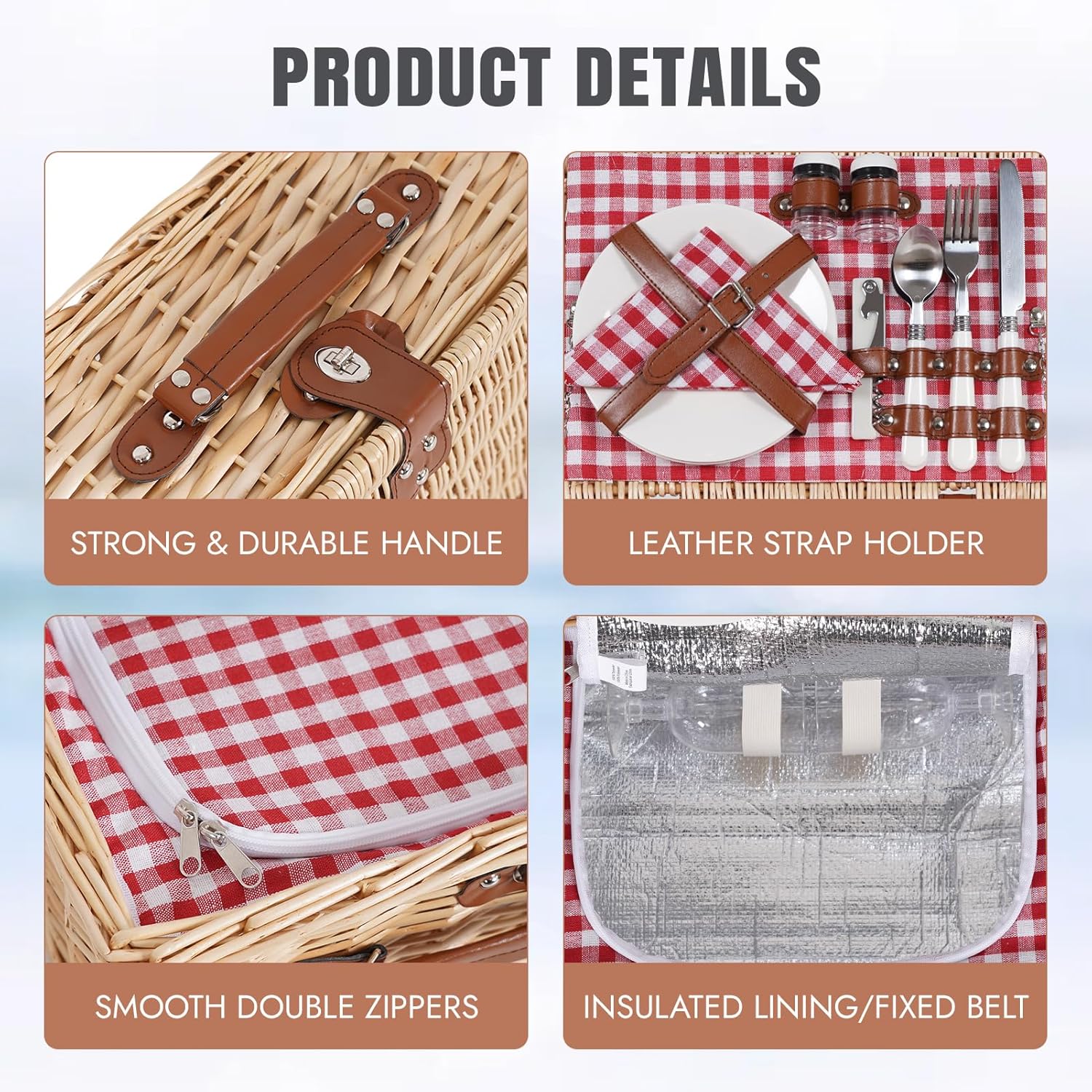 HappyPicnic Picnic Basket Set for 2 - Wicker Picnic Basket with Waterproof Blanket & Insulated Liner, Large Handmade Willow Hamper with Cutlery Kit for Outdoor, Picnic, Camping, Party, Holidays (Red) - Image 6