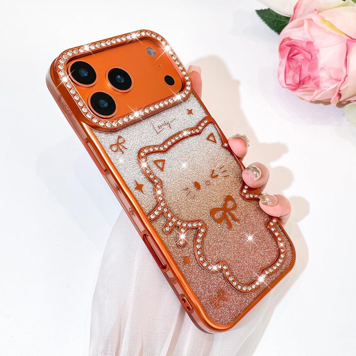 Bonoma Glitter Case for iPhone 17 Pro Max, Cute 3D Cat Pattern Plating Bling Case,Camera Protection Sparkly Slim Soft Back Cover for Women Girls,Orange