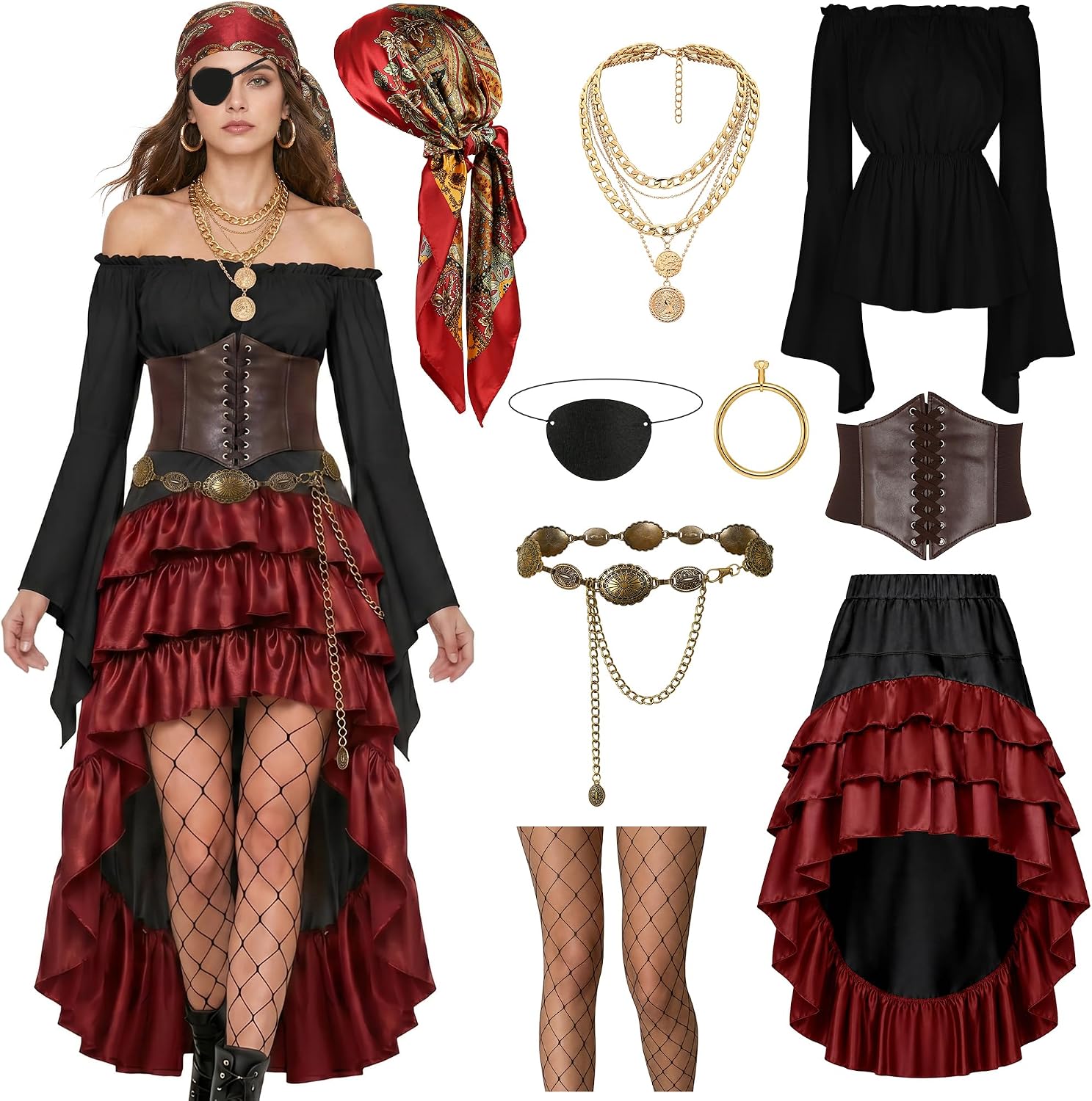 GERVAISE Women Pirate Costume Outfits Renaissance Medieval Tops Skirts Accessories Sets