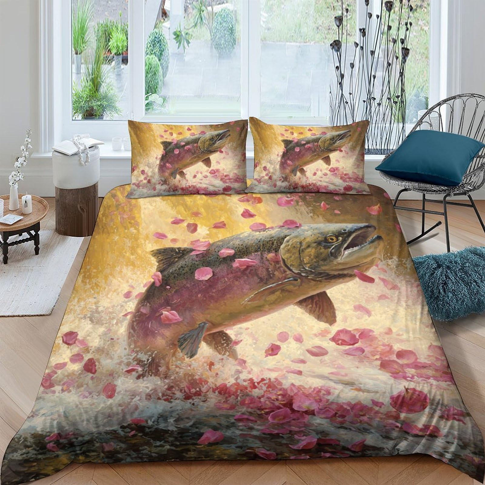 Ctjqhvkz Style-5 3D Printed Salmon River Fitted Sheet Microfiber Soft Golden Waterfall Bed Cover For Bedroom Dorm Mattress Protection Single（135X200cm）