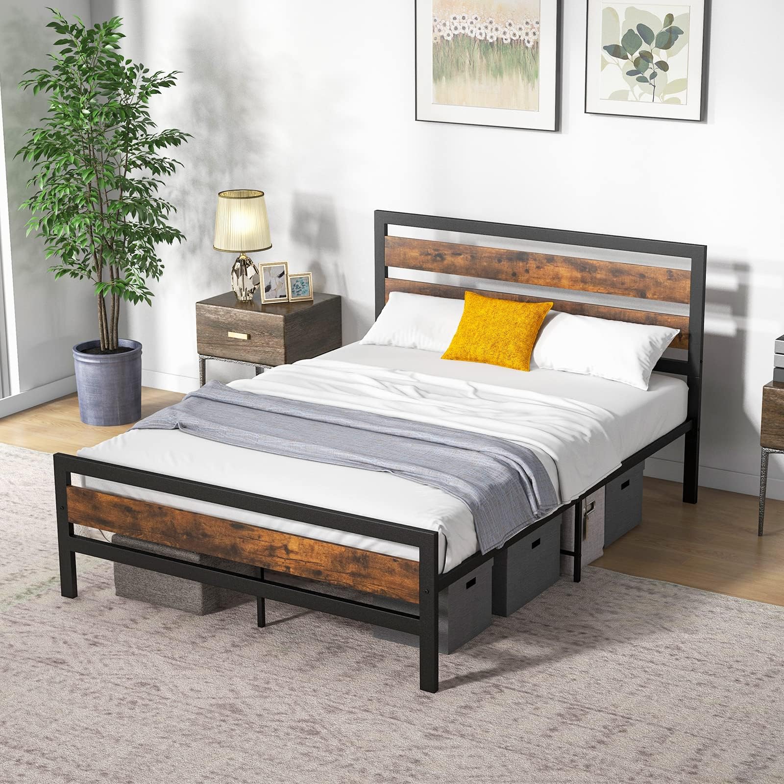 Diahomy Double Bed Frame with Wood Headboard,Metal Platform Bed Frame