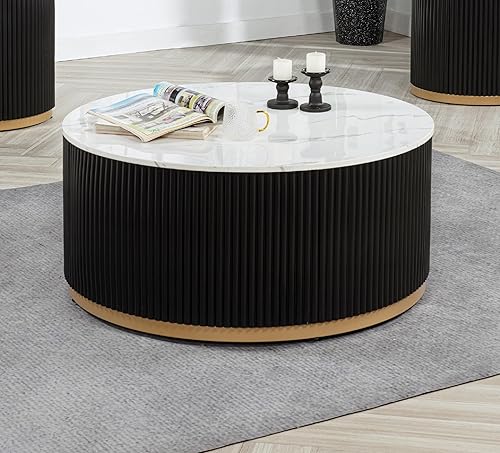 Miniatura 18 de kevinplus Mesa auxiliar negra para sala de estar, diseño de borde dorado inferior, negro y dorado (diámetro de 15.6 x 19.5 pulgadas) S1-negro y