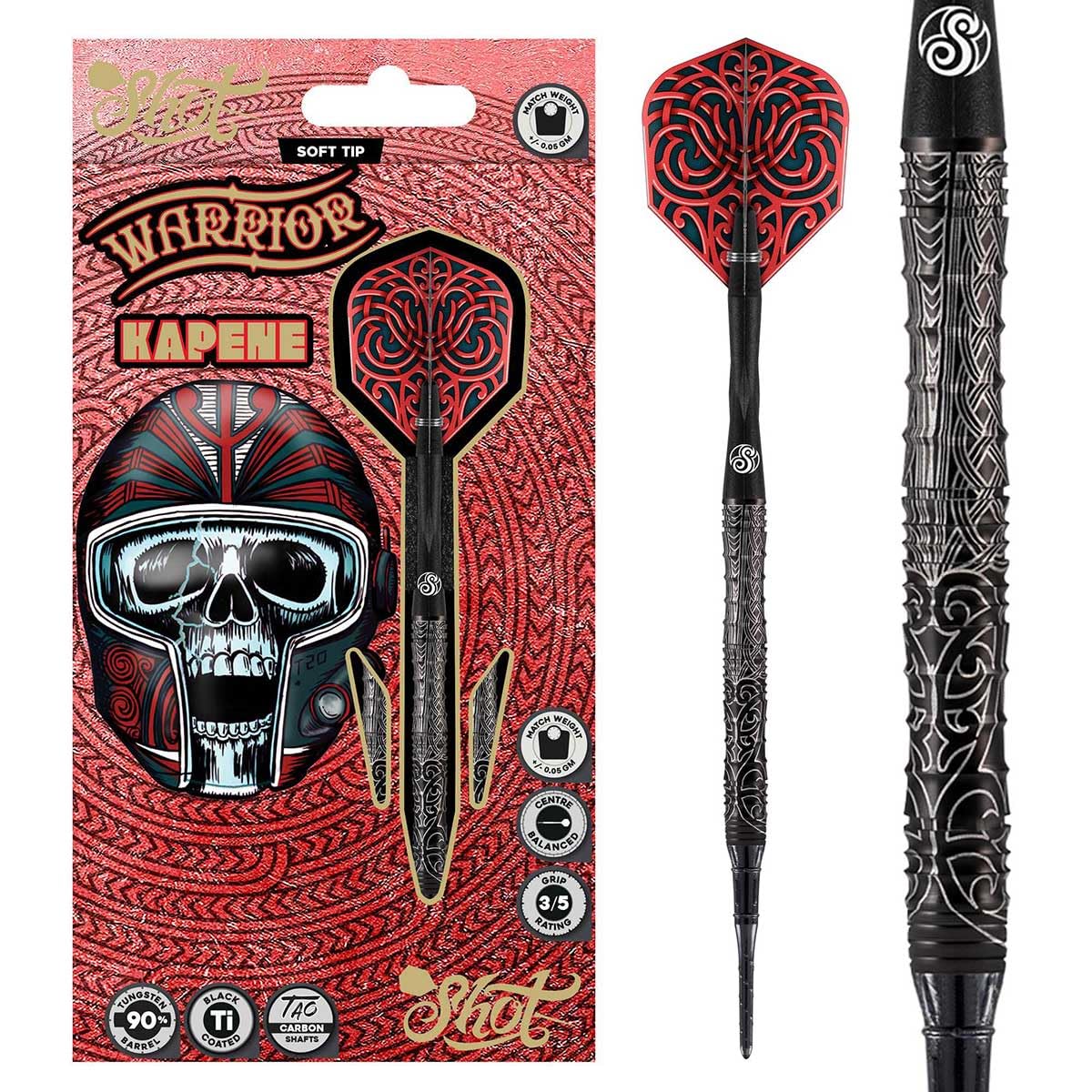 Shot! Darts Warrior Kapene Steel Tip Dart Set | 90% Tungsten Barrels | Center Balanced for Maximum Aerodynamics | Handcrafted Pro Darts with Flights |