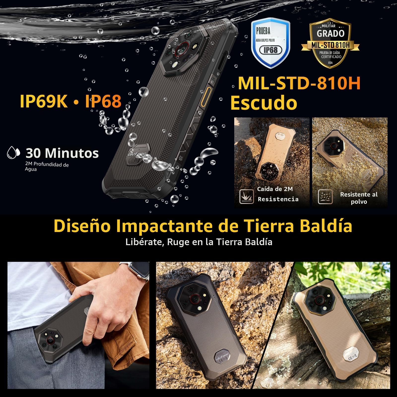 Ulefone Armor X16 Movil Resistente 2025, Android 15 Smartphone 12GB+128GB/SD-2TB 10360mAh Teléfono Movil Flashlight, 6,56”, Cámara 48MP+16MP+20MP, 3-Slots/Face ID/Fingerprint/GPS/OTG/NFC Negro