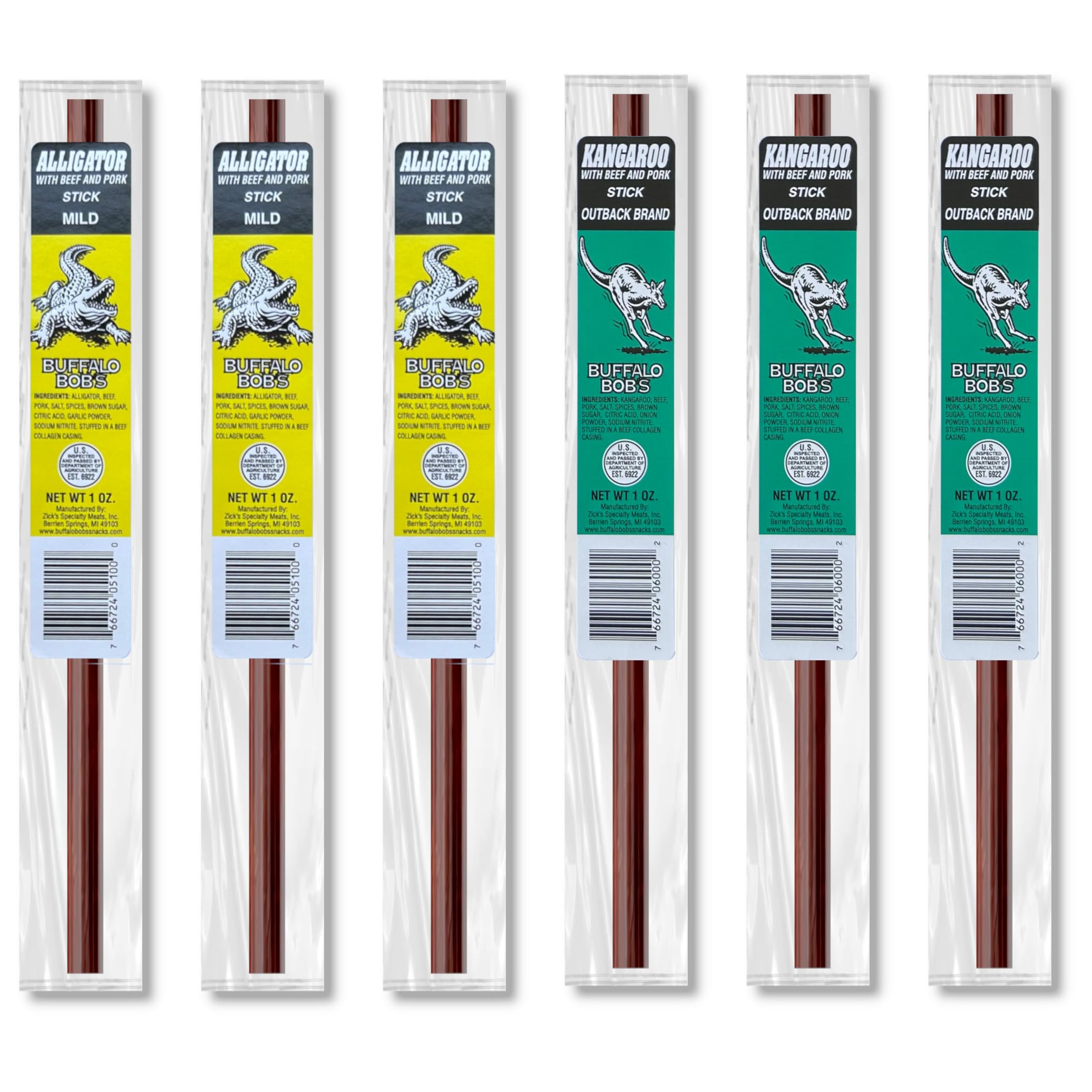 Buffalo Bob's Meat Sticks (Mixed 6 Pack) - 3 Alligtor Mild & 3 Kangaroo Outback