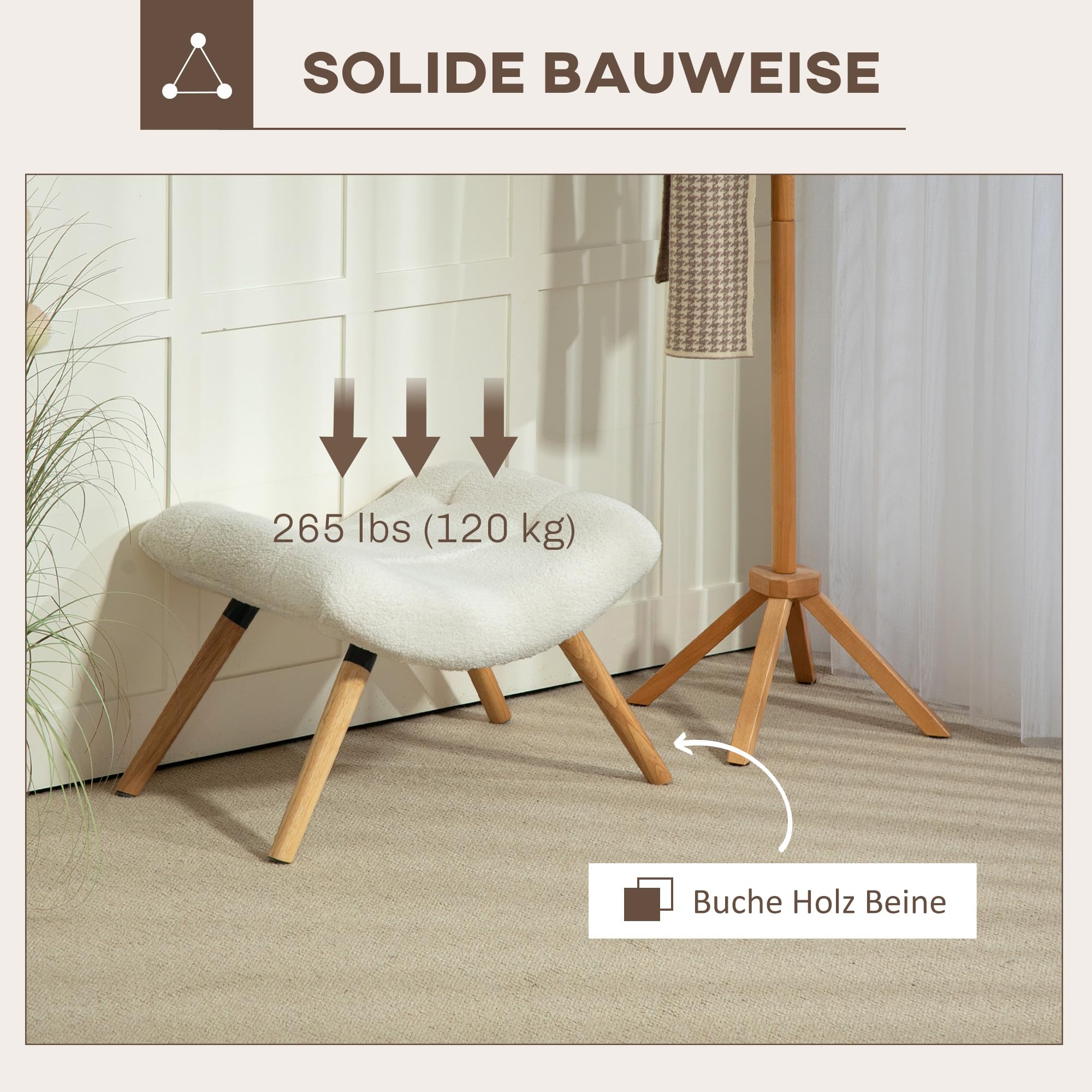HOMCOM Sitzhocker Hocker mit weichem Sitzkissen Holzbeinen Fußhocker mit Berberfleece-Stoff Polsterhocker Ottoman für Schlafzimmer, Wohnzimmer, Cremeweiß