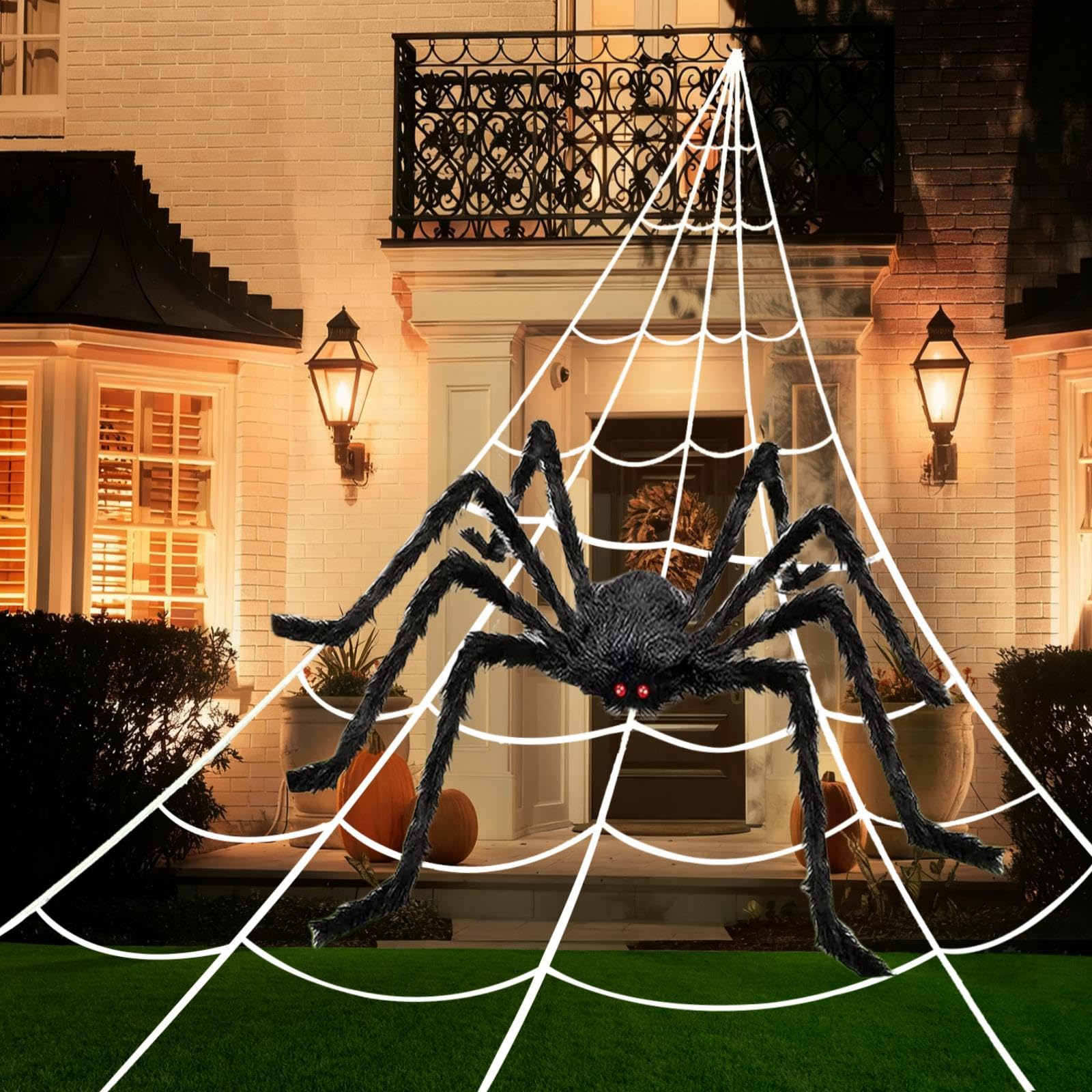 Puhpig Black Spider 200" Halloween Spider Web + 59" Giant Spider Decorations, Triangular Huge Spiders Web And Hairy Scary Fake Spider, For Indoor Outdoor Porch Yard, Scary Haunted House Party, And Halloween Décor