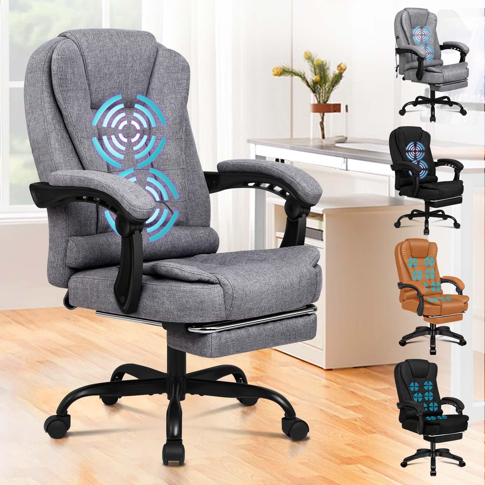 ALFORDSON Silla de Oficina Ergonómica para Computadora y Juegos - Respaldo Alto con Soporte Lumbar, Asiento Ajustable Giratorio y Ruedas,Tela de Lino,Gris