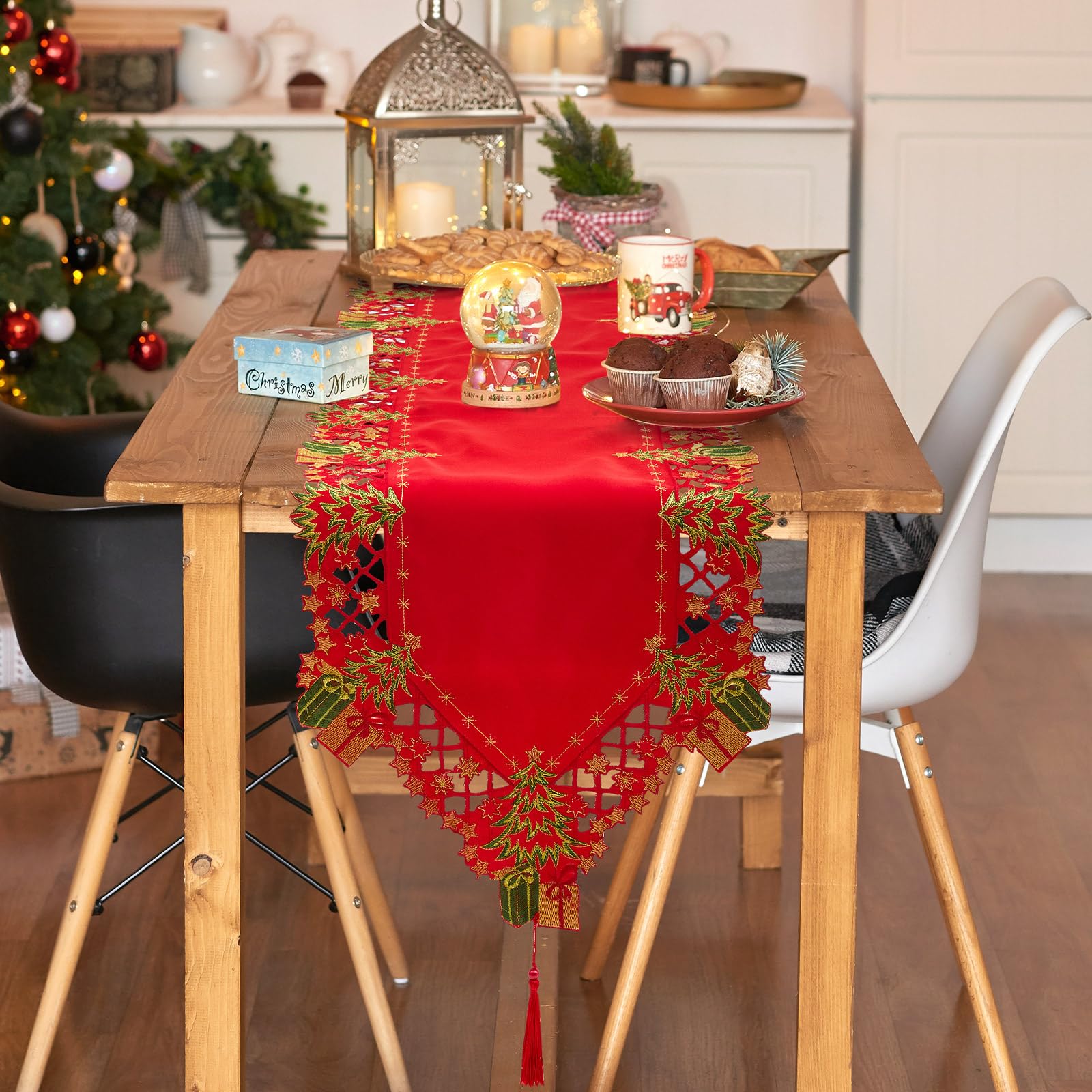 HeMiaor Runner da Tavolo Elegante Rosso Decorazione della tavola da Pranzo di Natale, lussuosi corridori da Tavolo con Striscia di Diamante Brillante e Nappe, 13x84 Pollici