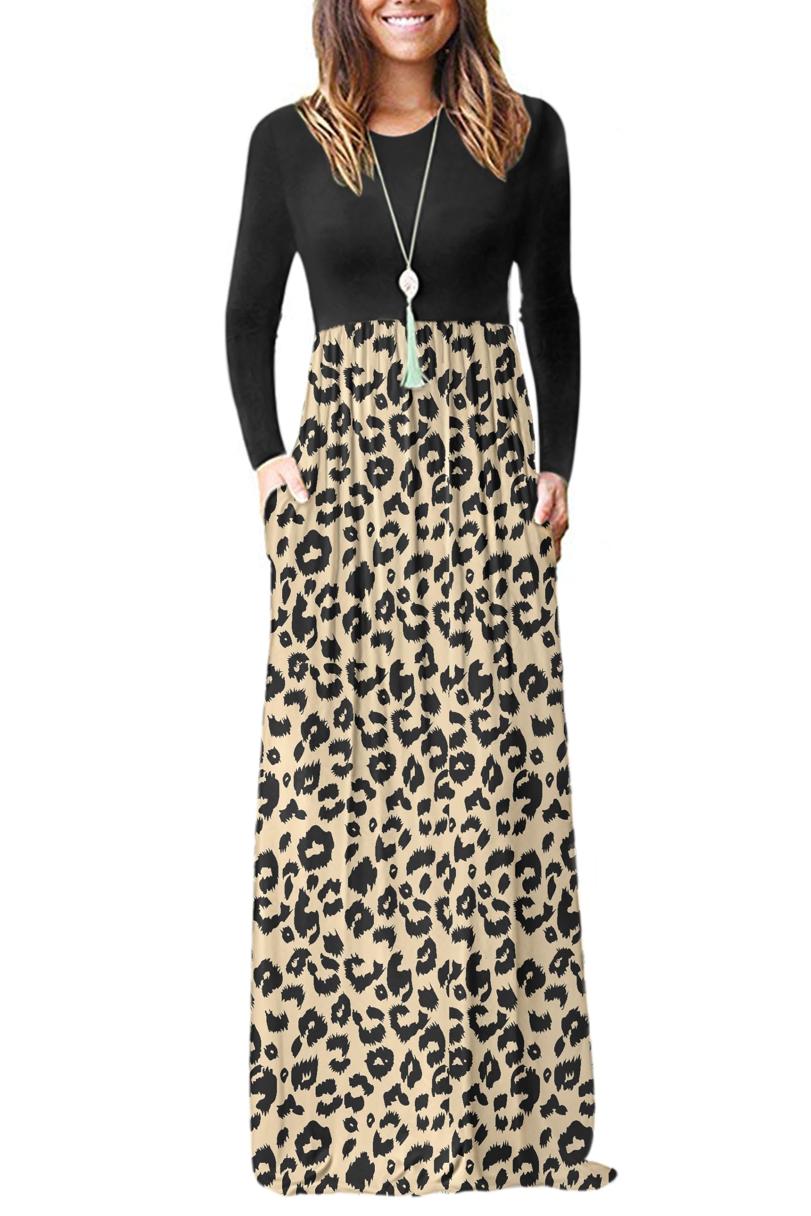 Auselily Women's Leopard Join Black Casual Long Sleeve Maxi Dress Loose Long Dresses With Pockets Xxl