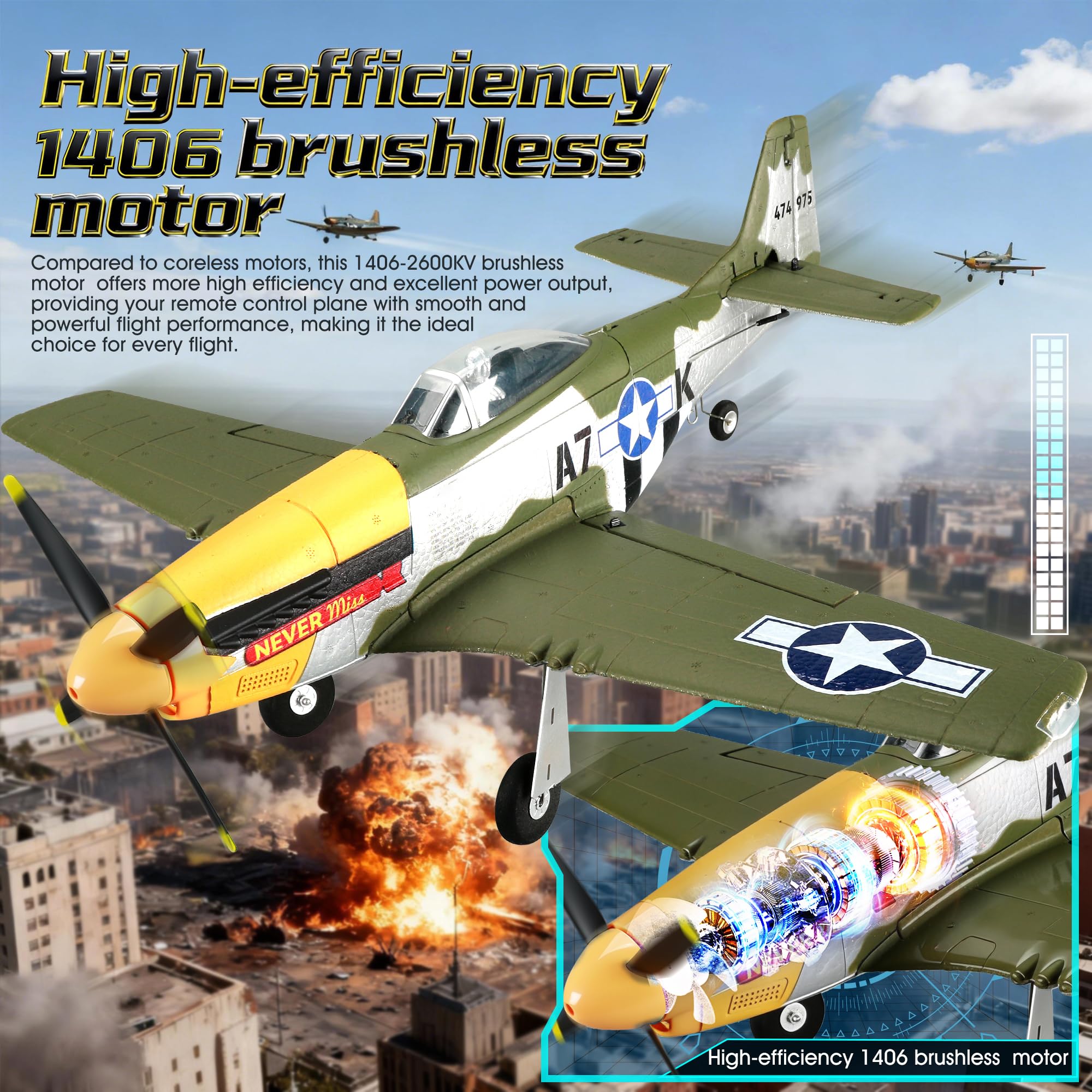 Aereo RC 5CH P51D Mustang Aereo RC con Radiocomando Rimovibile 3D/6G 2.4GHz Brushless Aerei RC per Adulti e Principianti con Elica e Batteria di Ricambio