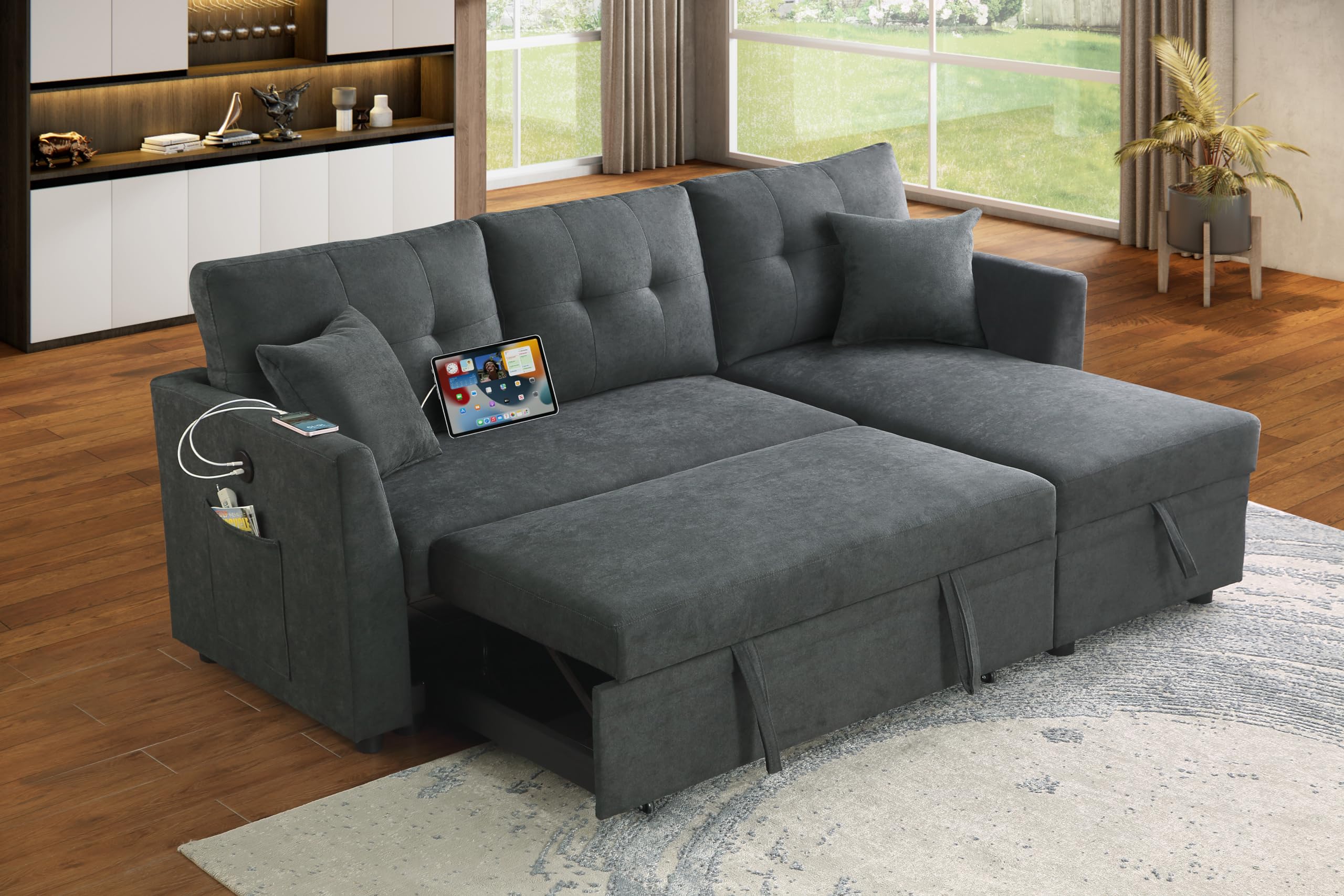 EafurnReversible Sleeper Sectional Sofa Convertible Pull Out Couch Bed  Sofabed w/USB Ports and Storage Chaise, L Shaped Lounge Sofa&Couches for  Living
