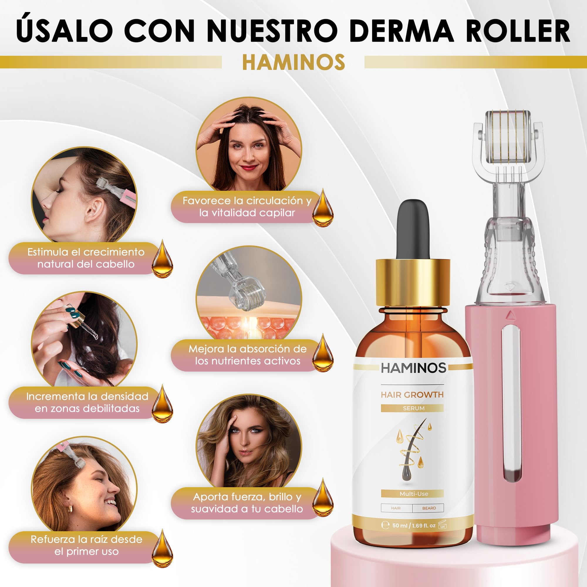 HAMINOS Derma Roller 0,5 mm con Sérum Capilar para Mujeres, Microneedle Roller con Depósito, Aplicador de Sérum para Cuero Cabelludo, Línea del Cabello, Raya y Zonas con Menor Densidad