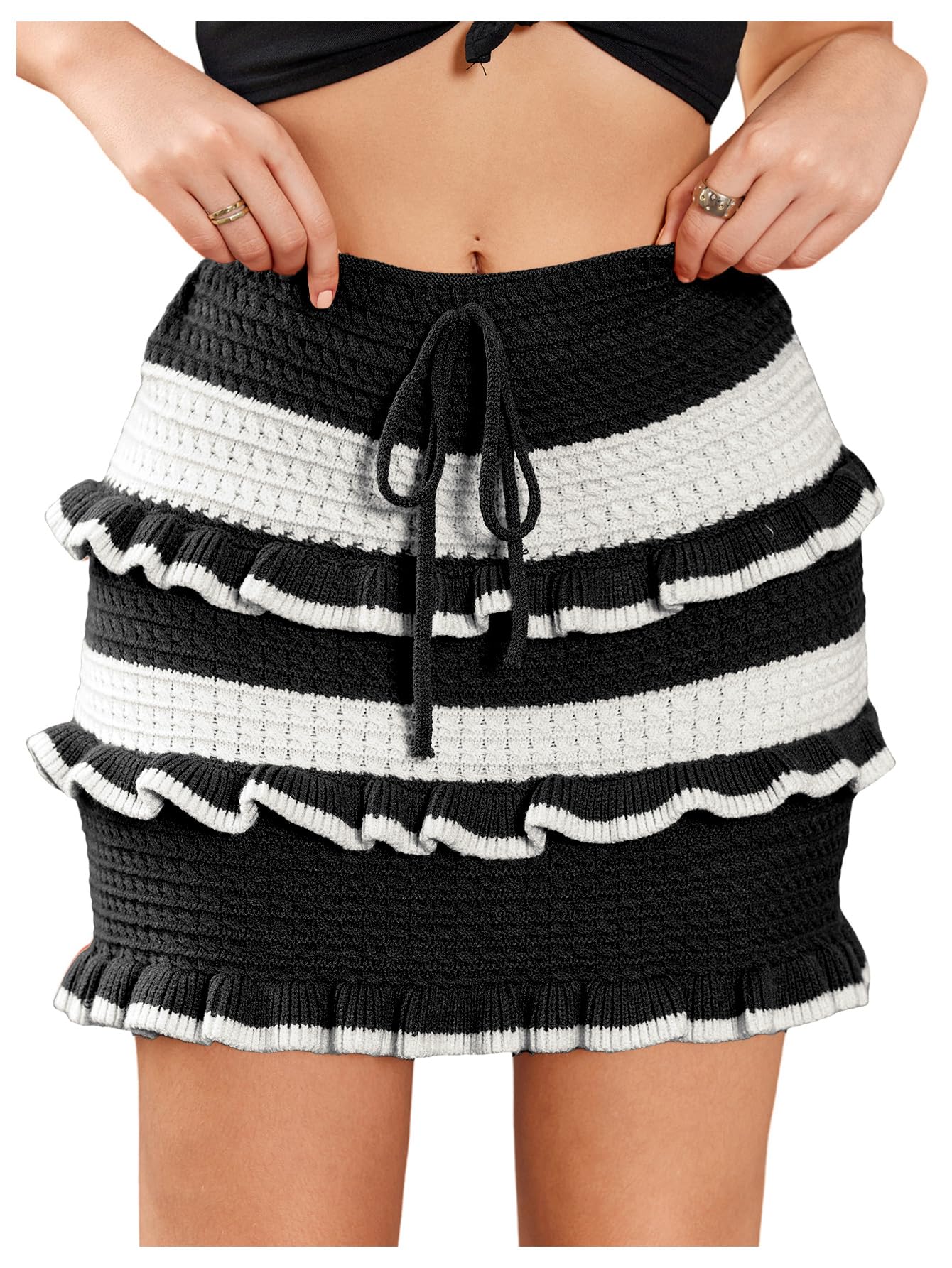 Verdusa Womens Ruffle Sweater Skirts Stripe Knit Tiered Short Bodycon Skirt Spring Fall Clothes