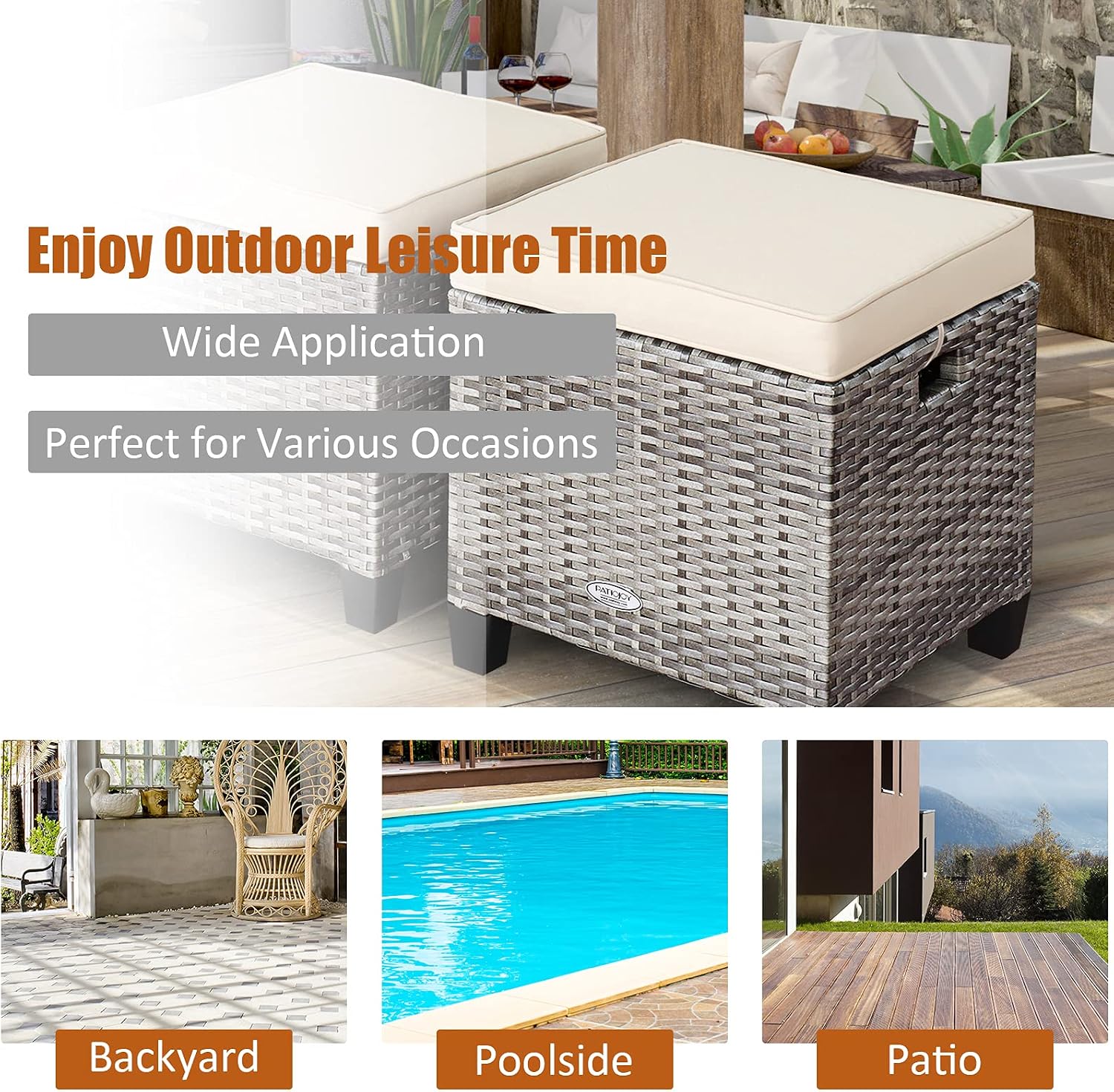LDAILY Moccha 2 Pieces Patio Outdoor Ottoman, All Weather Rattan Patio Ottoman Set w/Removable Cushions, Footrest Seat Outdoor Footstool (Mix Grey + White)
