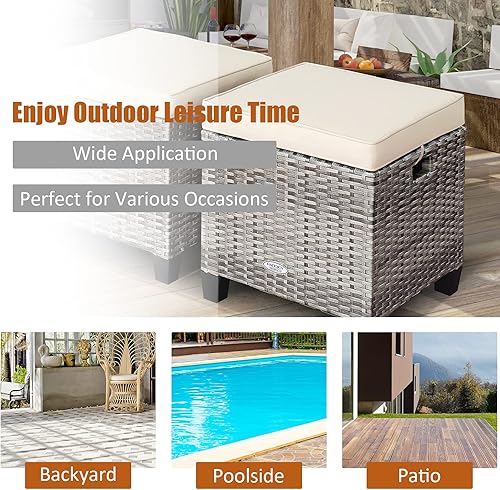 Miniatura 9 de Tangkula Juego de 2 otomanas de ratán para patio, reposapiés de mimbre para exteriores, con cojines suaves y marco de acero, juego otomano de patio