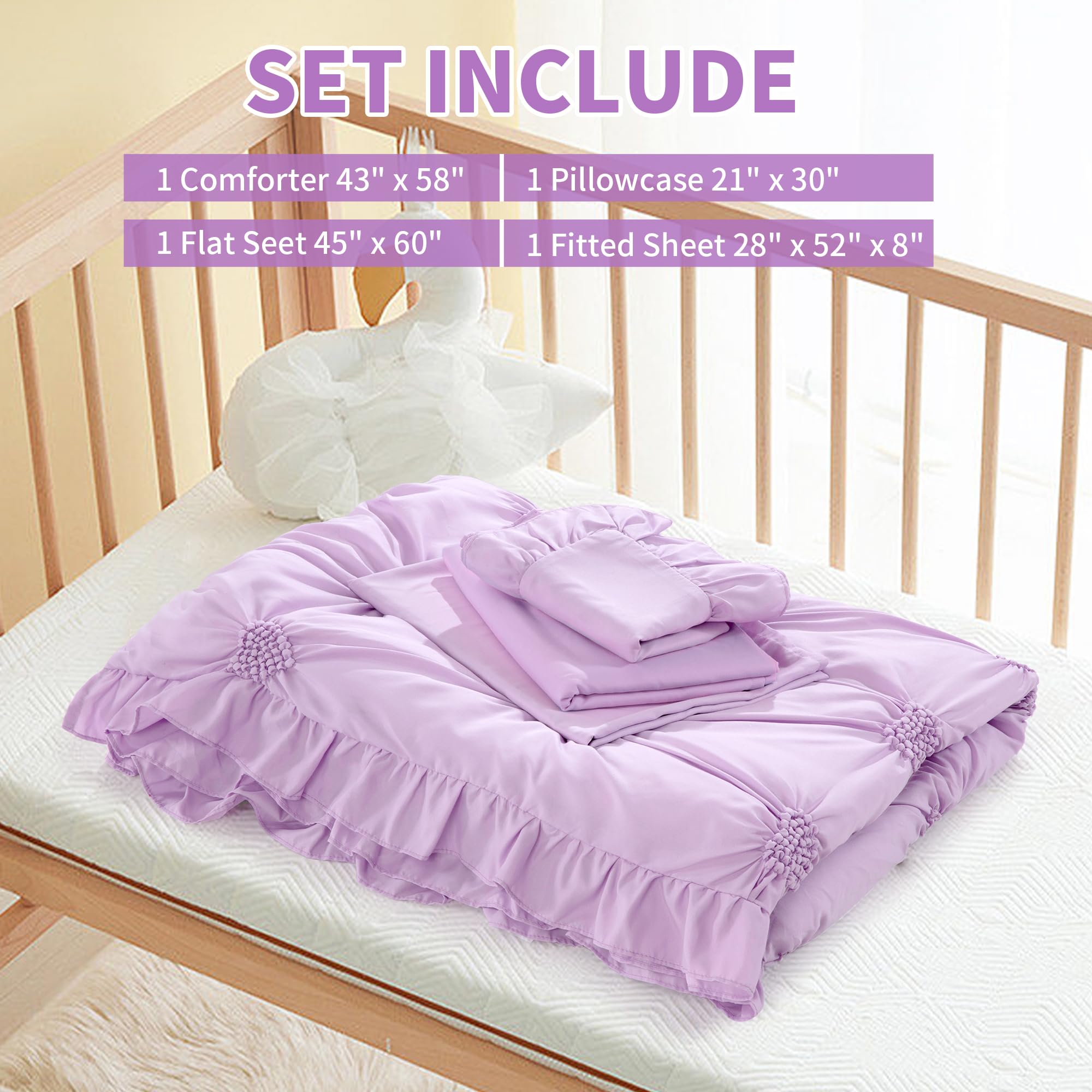 HOMBYS Juego de ropa de cama de princesa púrpura de 4 piezas para niñas y niños, juego de edredón plisado ultra suave con volantes para todas las estaciones