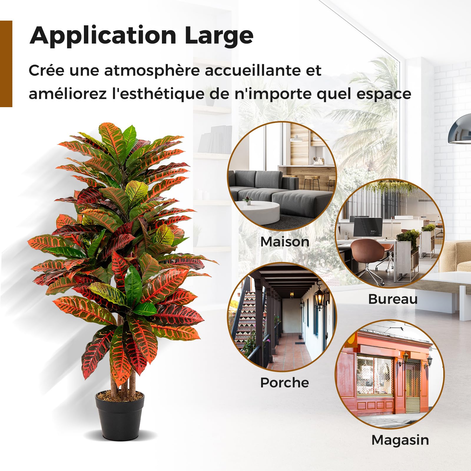 RELAX4LIFE Croton 1M avec Feuilles Panachées Colorées, Troncs Naturels en Bois, Plante Artificielle Plante en Pot avec Pot de Pépinière, Palmier Croton Faux pour Bureau Maison Jardin