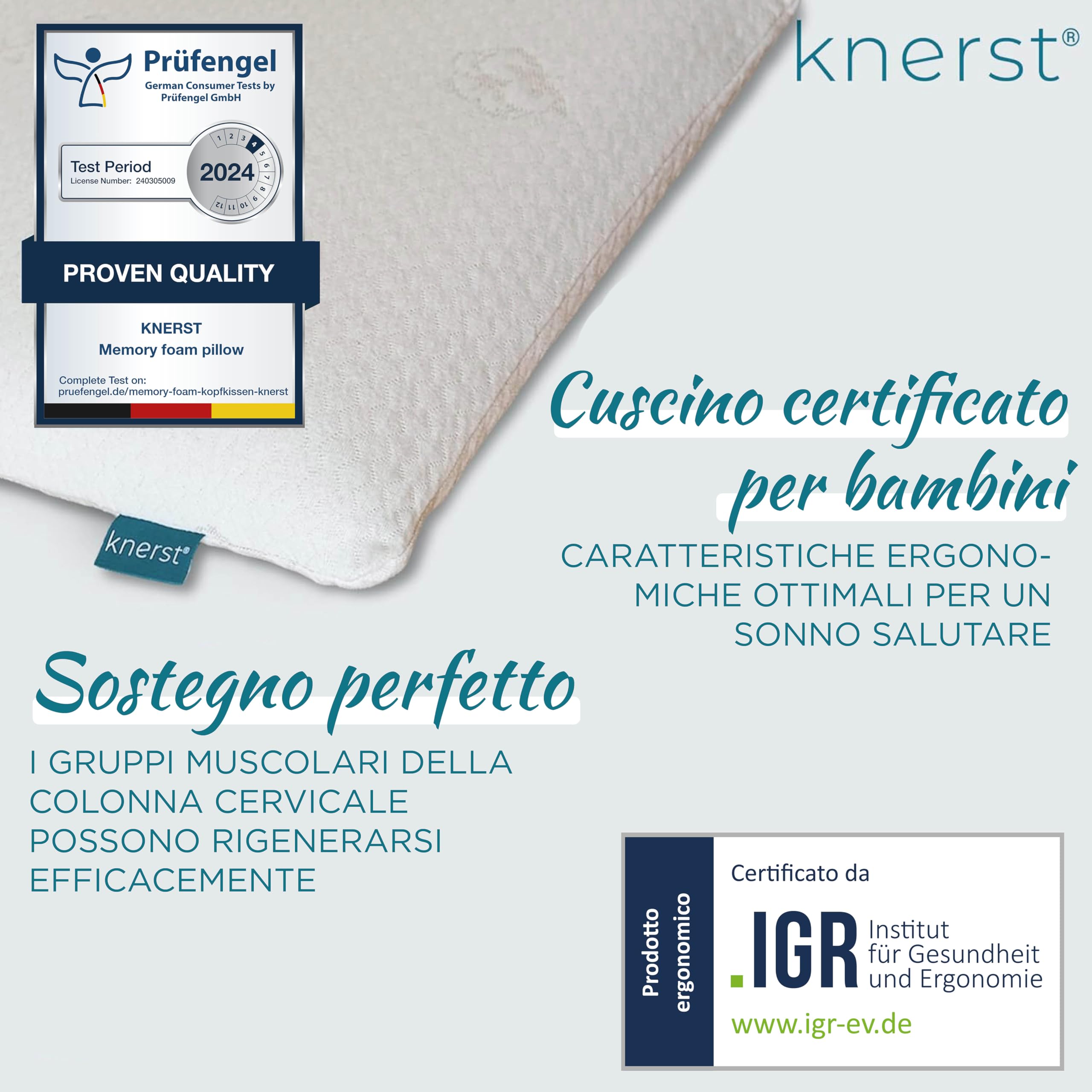 KNERST Cuscino Bambini 40x60 Memory Foam 8,5 cm, Ergonomico | Guanciale bambino, cuscino letto, Ökotex, traspirante, anallergico, antisoffoco, sfoderabile, lavabile
