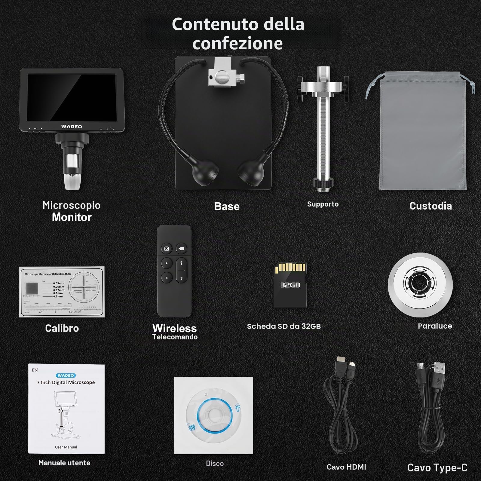 WADEO Microscopio Digitale Professionale, [7" Schermo LED] [1200X] Microscopio per Saldatura con 2 Lampade Regolabili, Scheda 32GB, Uscita HDMI per TV, PC, Windows, Mac (7" - 1200X - HDMI + USB)