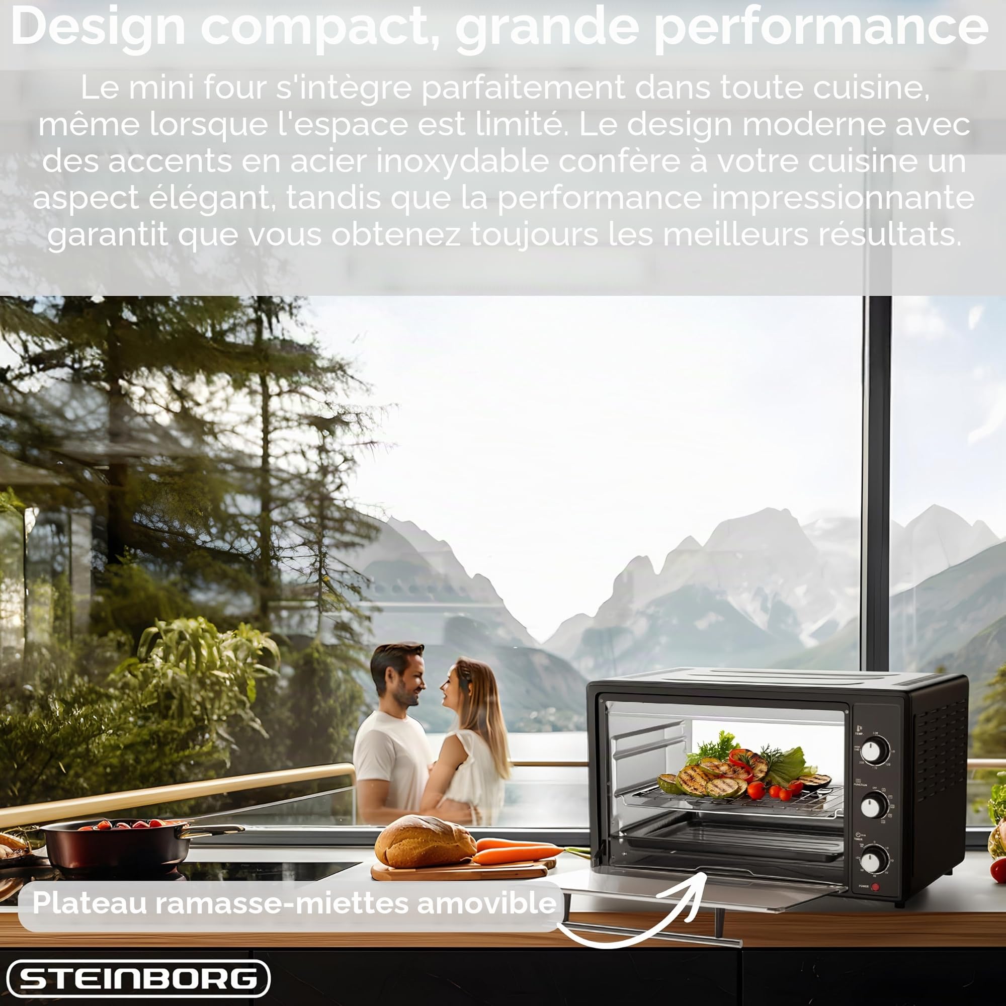 Steinborg® Mini four électrique, 45 l, avec chaleur tournante et tournebroche, mini four à convection, tournebroche, 1800 W, four à pizza, four à pizza, avec éclairage intérieur, plaque de cuisson et