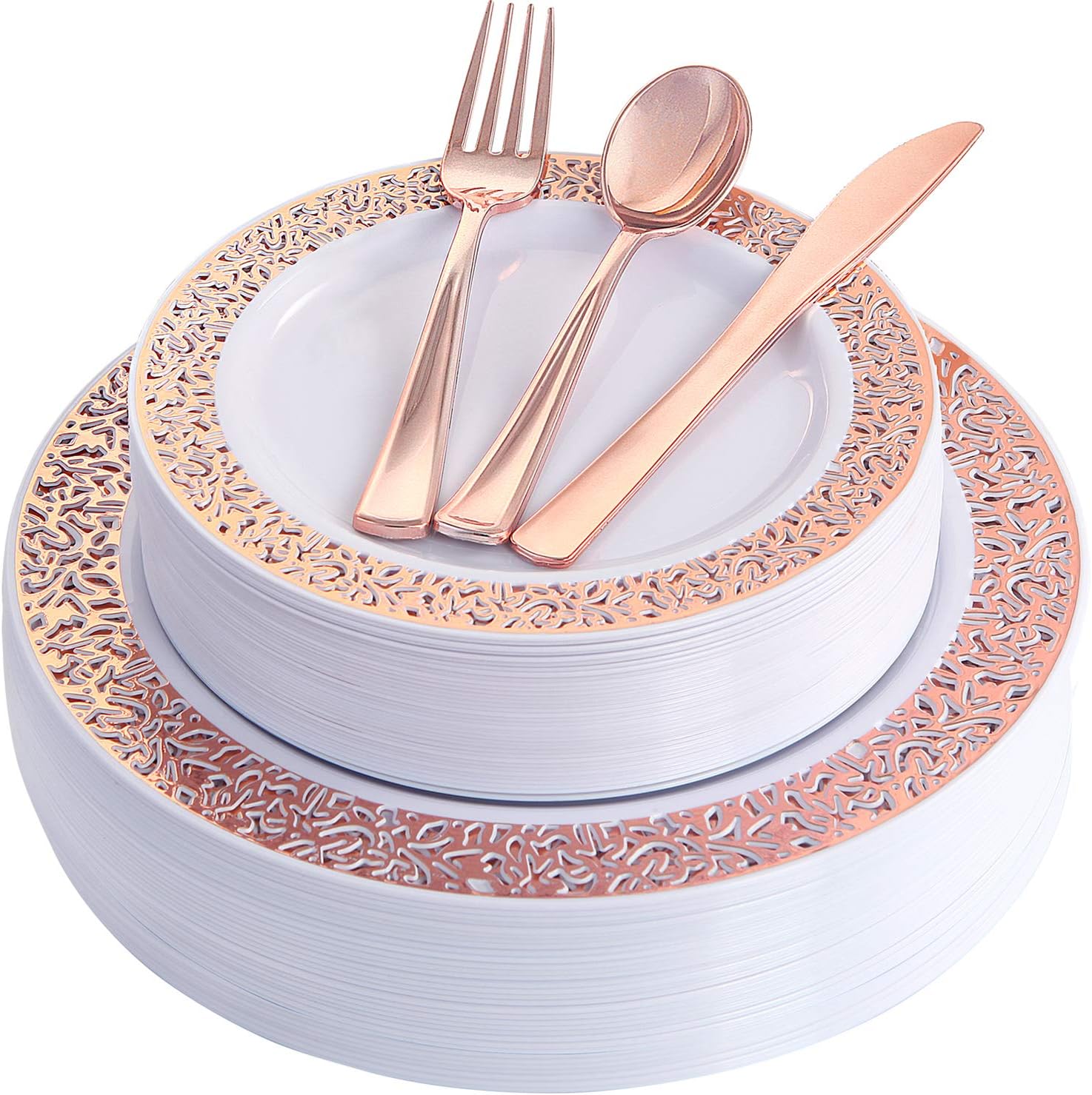 supernal 150pcs Rose Gold Plastic Plates, Rose Gold Silverware, Party Plates with Lace Design, Wedding Plastic Plates, Plastic Flatware, Heavy Weight, Durable Dinnerware