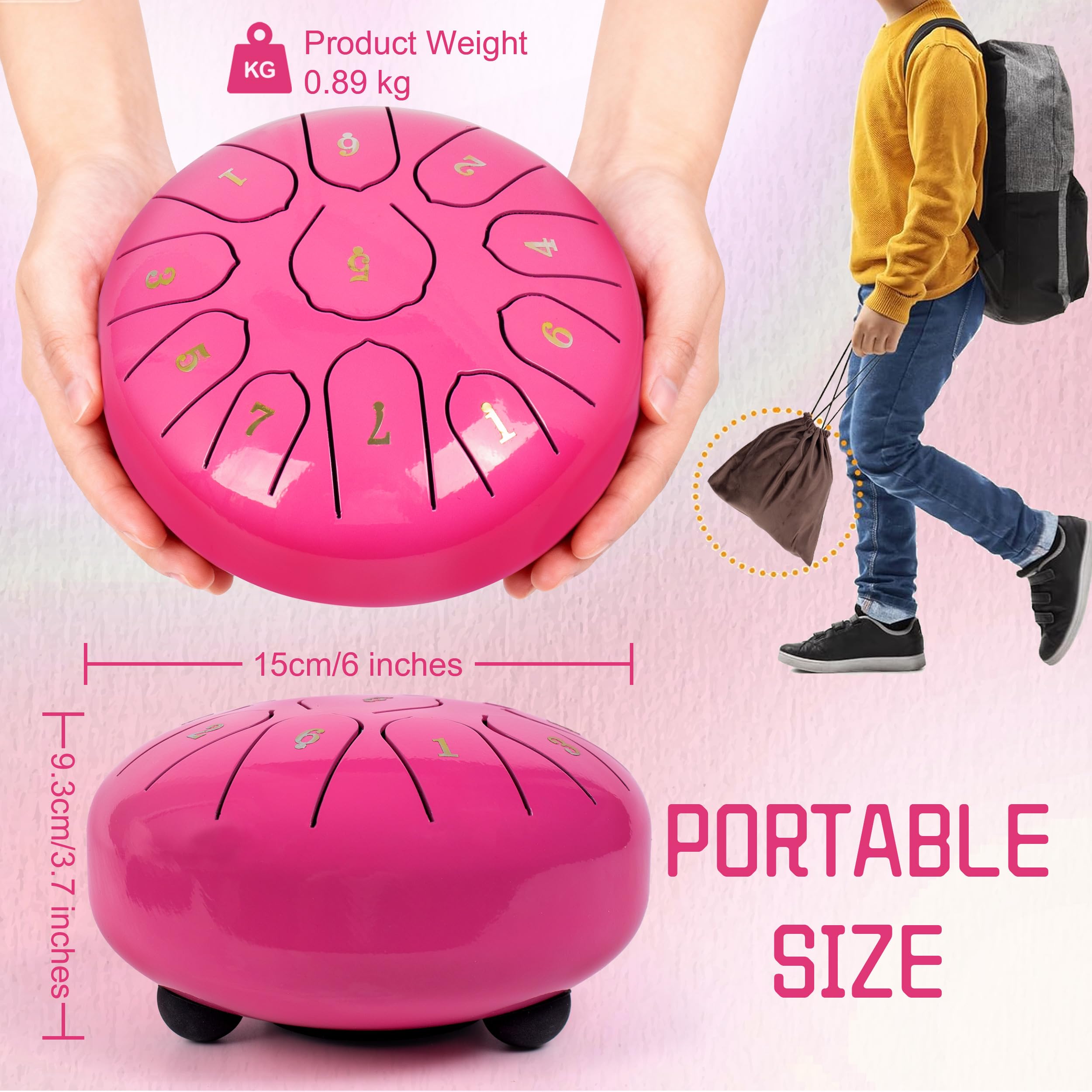 Regentrommel für Draußen Stahlzungentrommel Instrument für Yoga und Meditation - 6 Zoll 11 Töne C-Dur(Rosa)