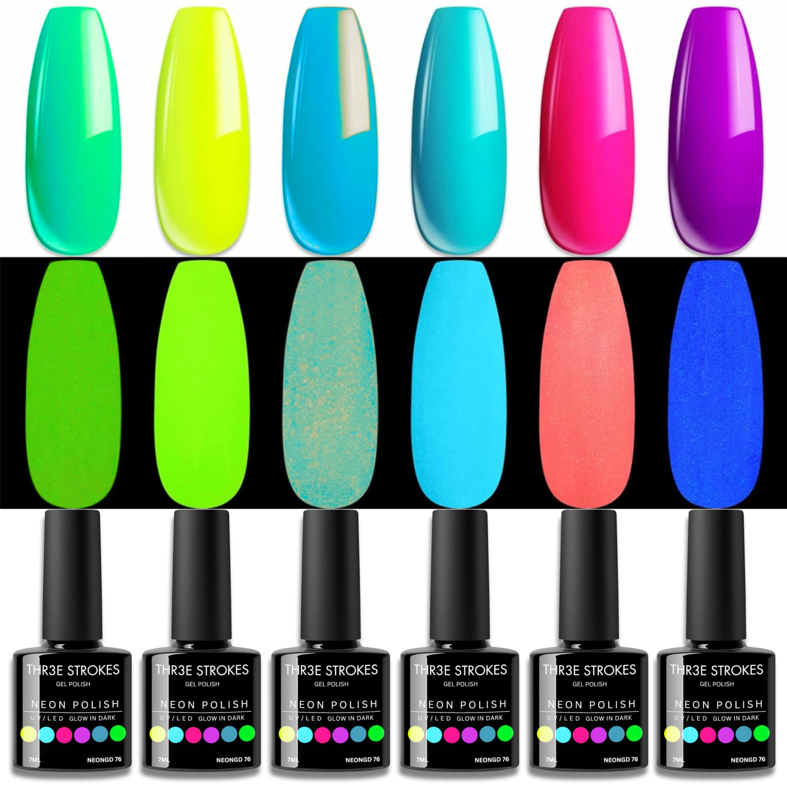 THR3E STROKES Neon Gel Nail Polish Set - Fluorescent Luminous Glow in Dark Gel Polish - Orange, Hot Pink, Blue, Yellow, Green, Purple Vibrant Spring Summer Colors - 7ML (UV/LED Light Required)