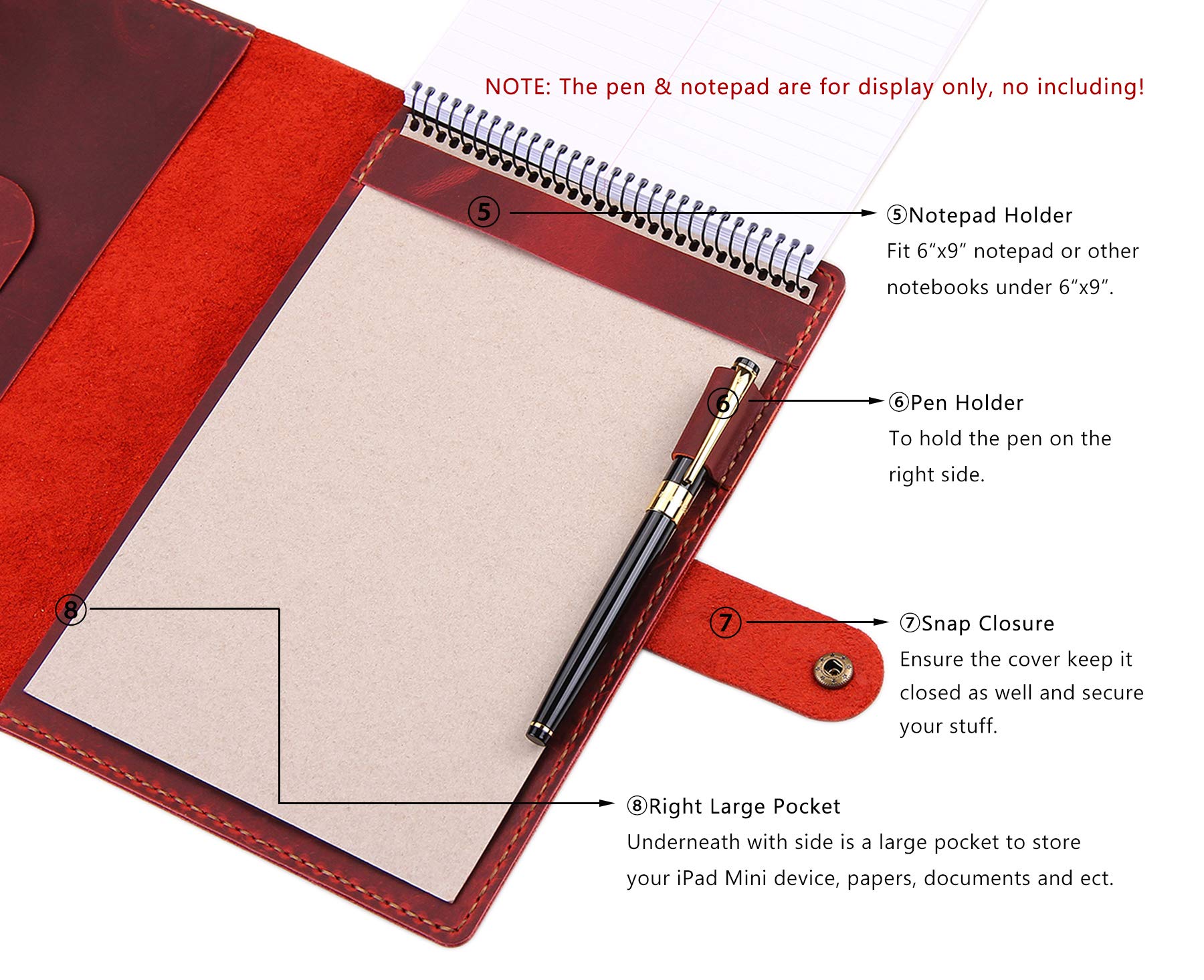 Leder-Schutzhülle für 15,2 x 22,9 cm Steno-Notizbuch, Leder-Folio-Hülle, kompatibel mit 15,2 x 22,9 cm spiralförmigen Steno-Blocks, A5-Notizbuch-Organizer mit Stiftschlaufe, Weinrot