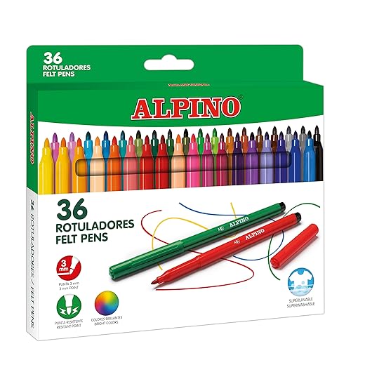 Alpino - Pack De 36 Rotuladores Multicolor En Oferta Alpino 36 Rotuladores, Estuche De 36 Rotuladores Punta De 3Mm, Rotuladores De Tinta Lavable, Rotuladores Para Niños, Material Escolar Y De Oficina (Ar001036N)