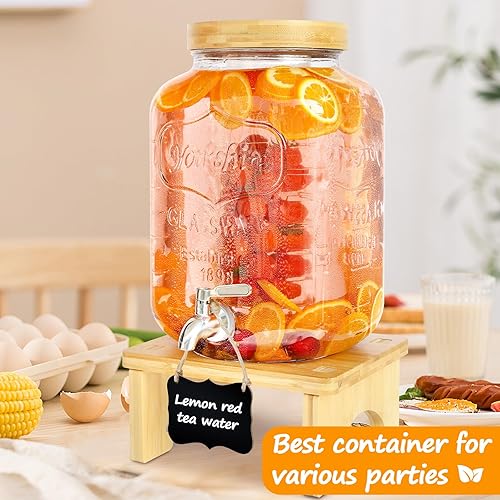 Miniatura 2 de Dispensador de bebidas de 2 galones con soporte, dispensador de bebidas de vidrio con soporte de madera, espita de acero inoxidable 18/8