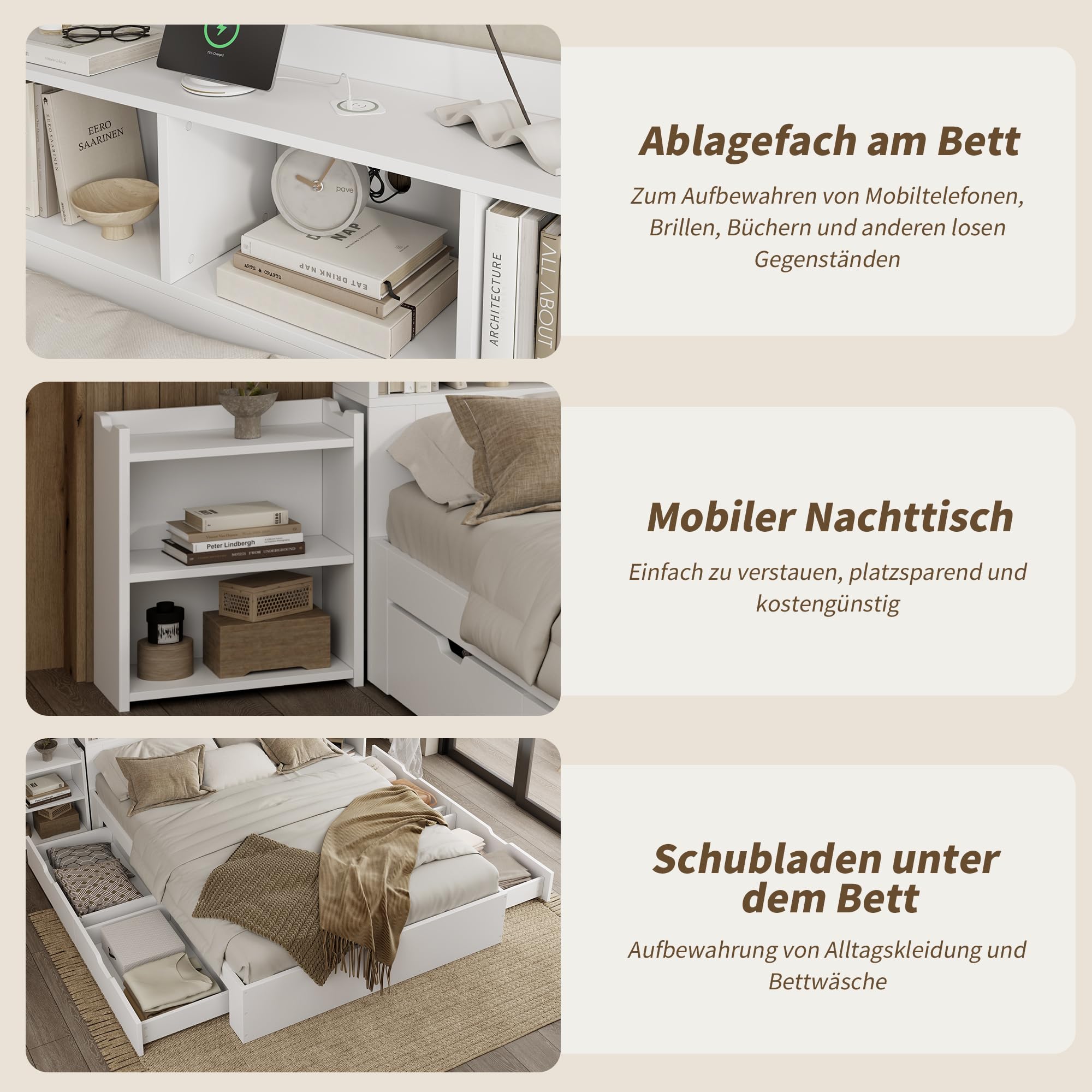 okwish Holzbett 140x200 cm Doppelbett, Funktionsbett mit Typ-C & Kabelloses Laden, Bett mit Stauraum - Stauraumbett mit Nachttischen, Schubladen & Stauschrank, Bettgestell mit Lattenrost, Weiß