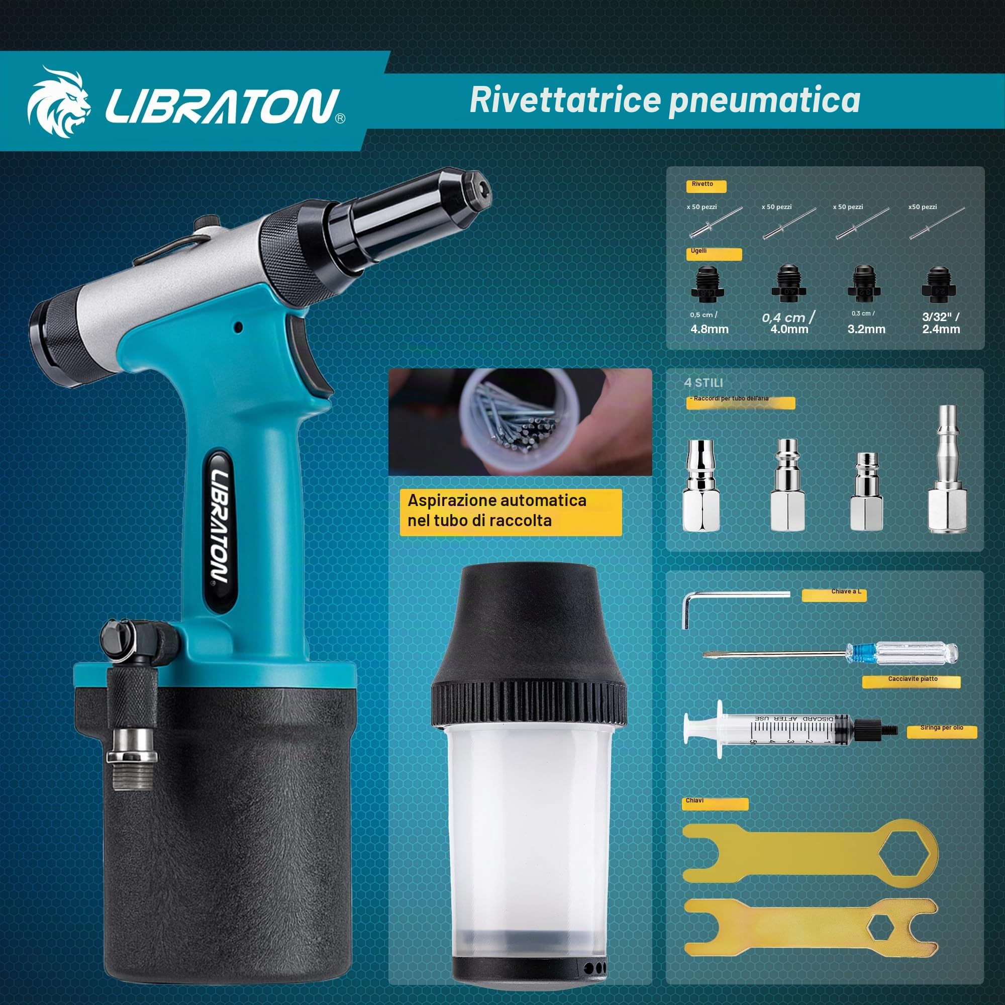 LIBRATON Kit rivettatrice pneumatica, rivettatrice pneumatica per impieghi gravosi Gu 2,4 mm 3,2 mm 4 mm 4,8 mm con rivetto 200c, strumento di riparazione automatica professionale, Suctio Design