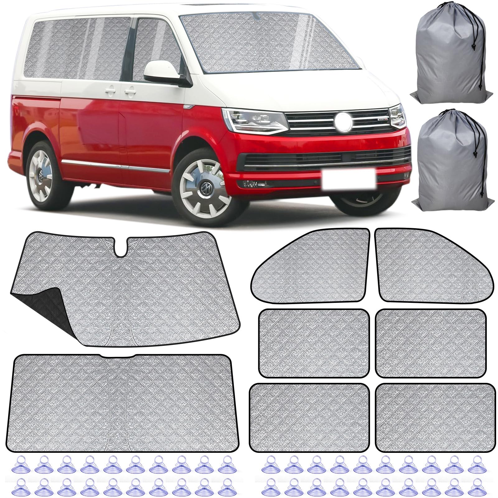 Set di 8 tende termiche interne adatte per VW T5/T6 Van LWB (passo lungo), versione spessa con retro nero, materiale resistente multistrato, effetto riflettente argentato, facile da riporre