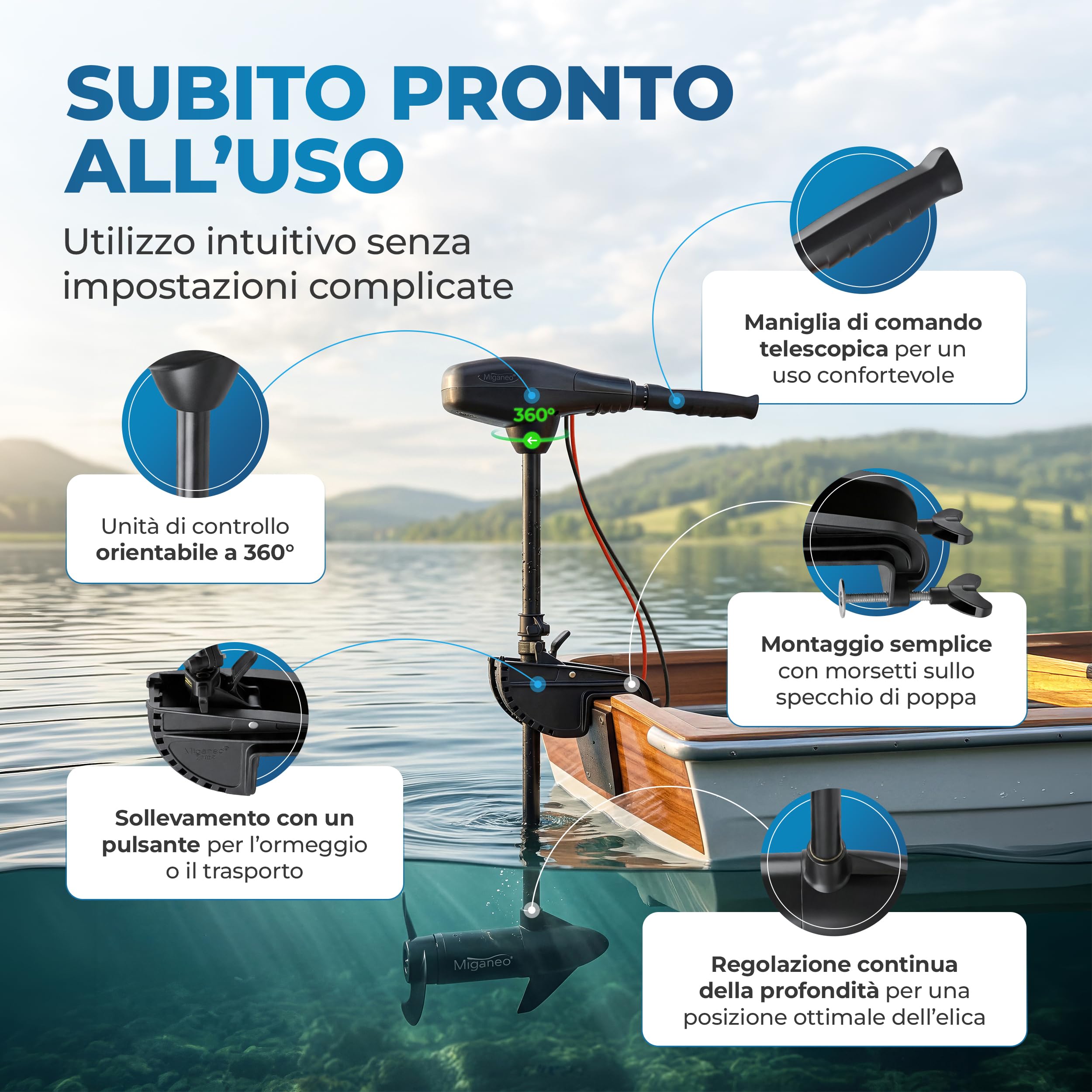 Miganeo Motore Elettrico Barca TRS 68 lbs – Motore Fuoribordo Elettrico 768W 12V – Adatto Acqua Salata con Indicatore LED – per Gommoni – 5 Marce Avanti & 3 Retromarce