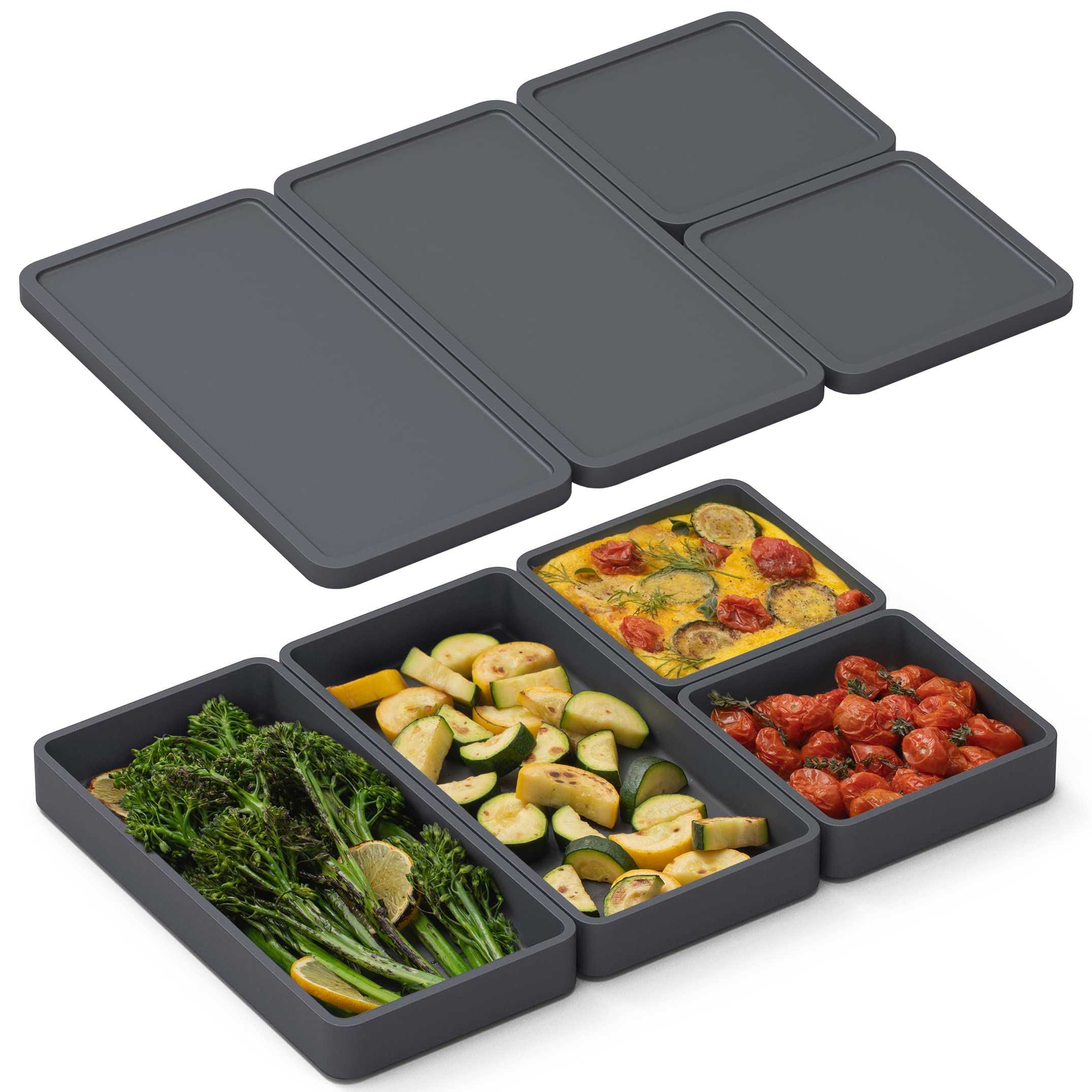 Prepd Cheat Sheets, The Original Modular Sheet Pan Dividers with Lids, Premium Bakeware, Non Stick Silicone, Perfect for Baking, Braising, and Storage (4 Dividers, 4 Lids, Charcoal)