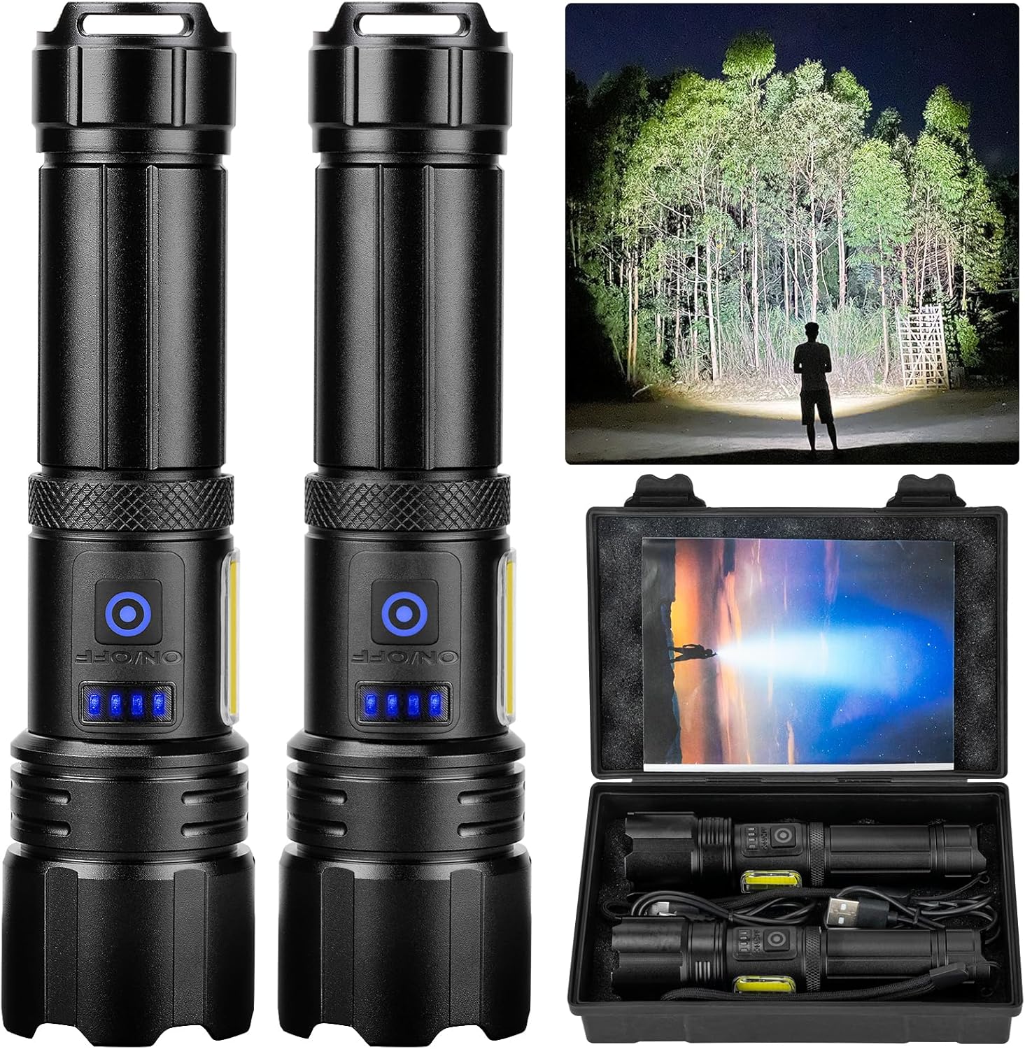 rechargeable flashlight, 2 pack 900000 high lumens super bright flash light, 7 modes with cob work light, ipx6 waterproof, powerful handheld led flashlights for camping, hiking