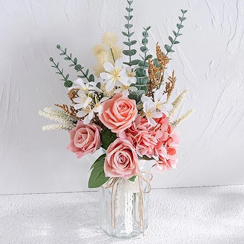 LUEUR Flores de rosas artificiales en jarrĂłn para decoraciĂłn del hogar, ramo de hortensias de rosas rosas de seda con maceta, arreglo de dalia de LUEUR Flores de rosas artificiales en jarrĂłn para decoraciĂłn del hogar, ramo de hortensias de rosas rosas de seda con maceta, arreglo de dalia de