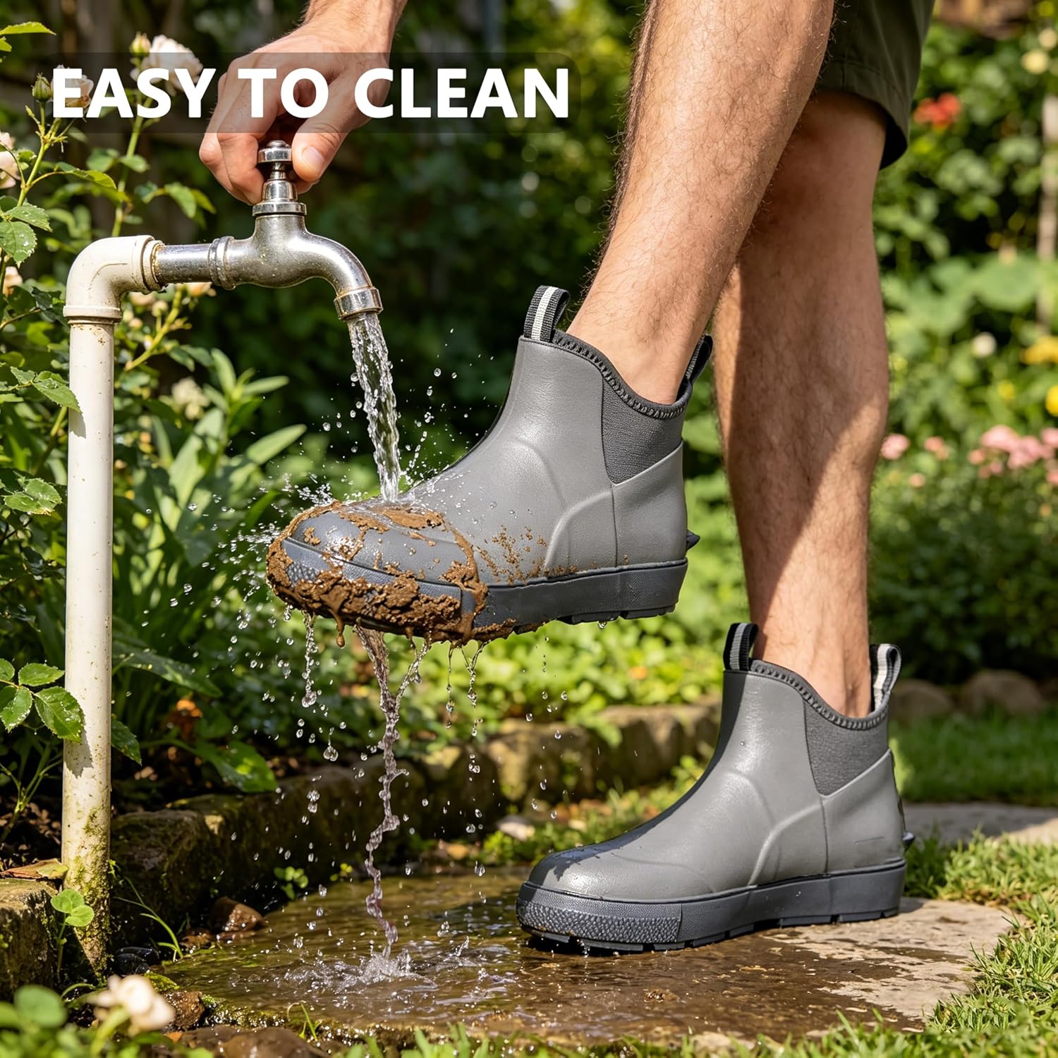 Men's Ankle Rain Boots Waterproof Deck Boots Booties Rubber Boots Men Anti-Slip Comfort Lightweight Gardening Shoes for Fishing Yard Farm Outdoor Work Boating