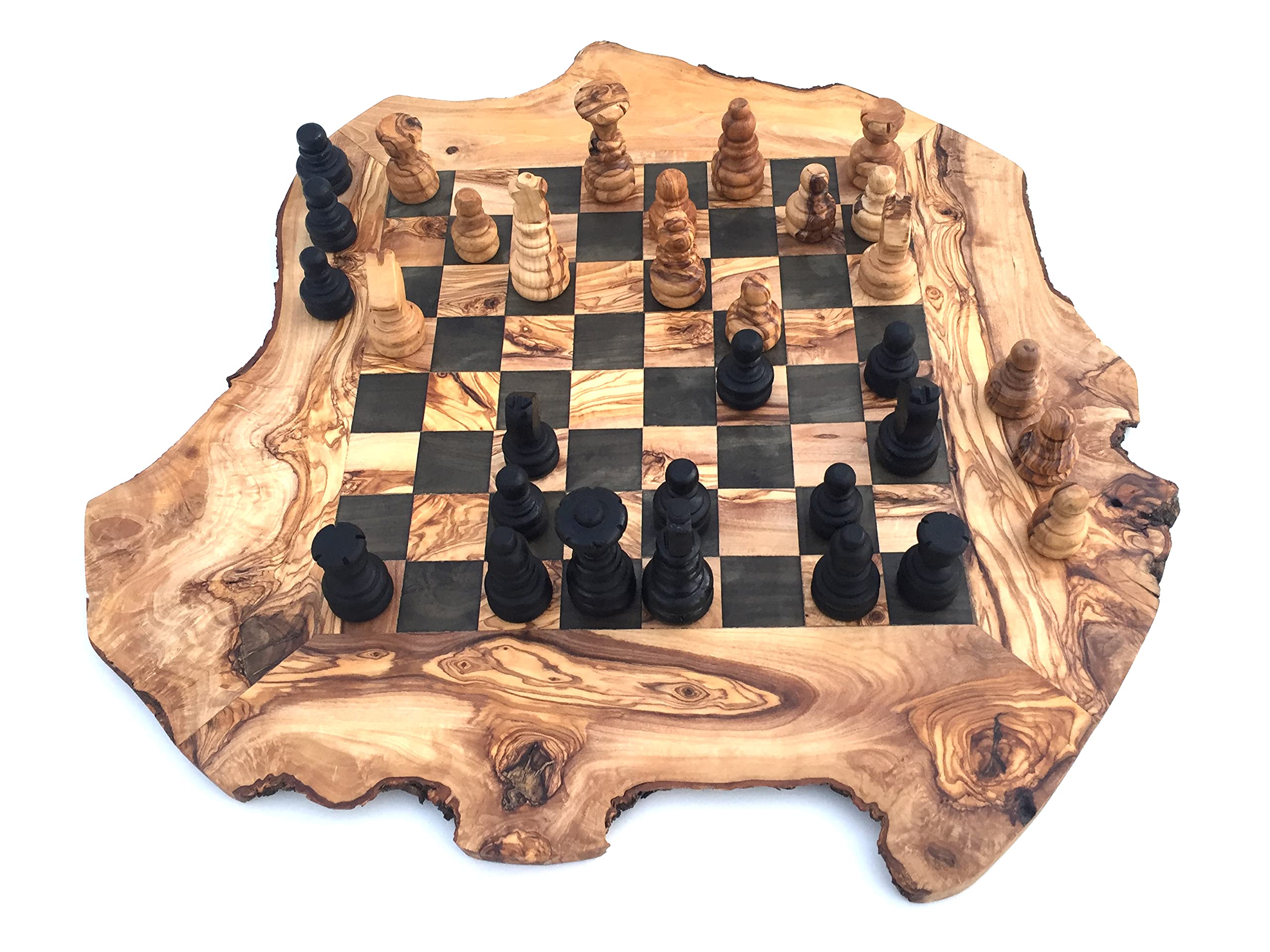 Generisch Jeu d'échecs rustique, échiquier taille XL incluant les pièces, en bois d'olivier, fait main - 2 joueurs, âge 12+