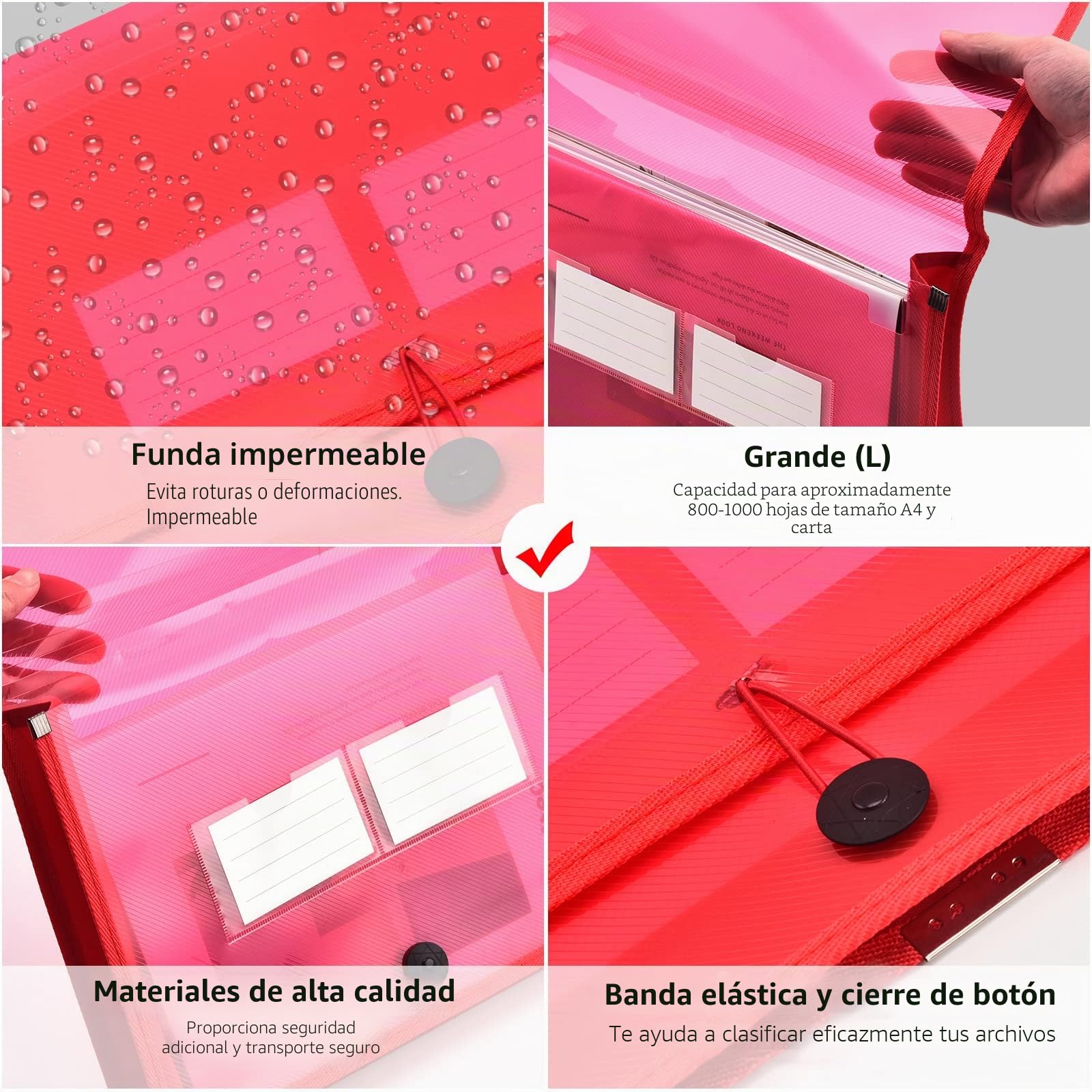 Gestor de archivos de carpetas extendidas con hilo elástico, transparente impermeable, expansión de 2,8 pulgadas, letra A4 para organización, paquete de 5