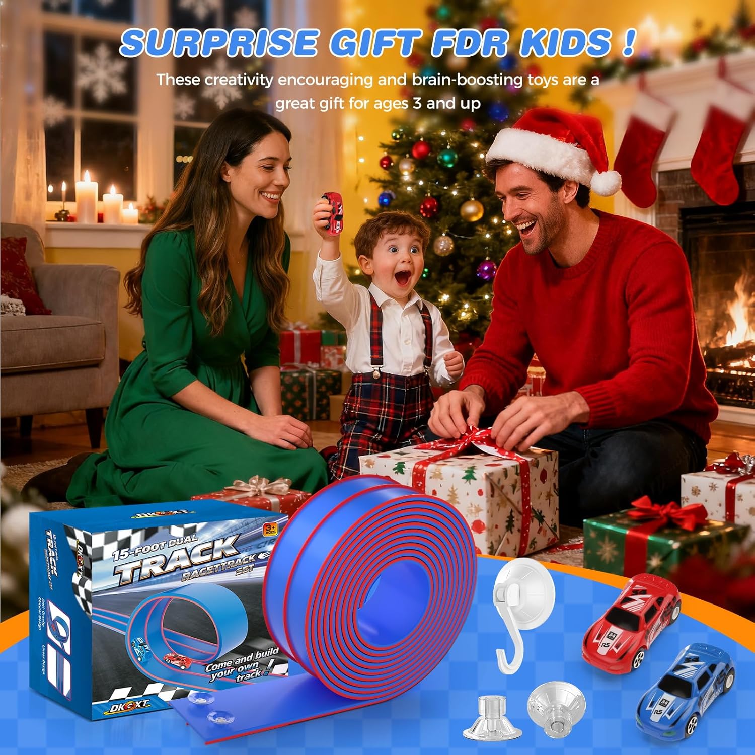 Flexible Race Track for Kids 15 Feet of DIY Flex Track Race with 2 Cars & 3 Strong Suction Cups Car Ramp Toy Track, for Kids Ages 3+, Blue Green