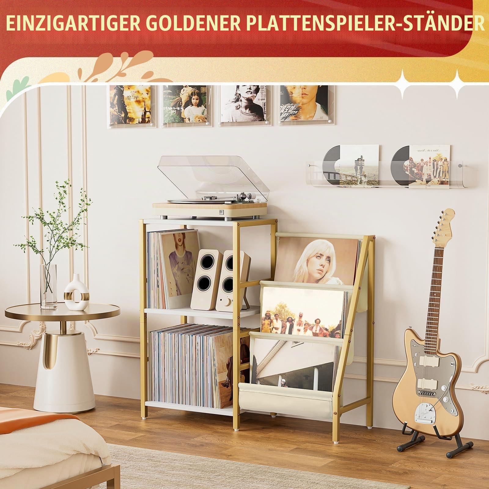 Bikoney Plattenspieler Schallplattenständer mit 3-stufiger Vinyl Display Regal Lagerung, Turntable Tisch Aufbewahrung bis zu 200 Alben,Media Konsole Vinyl Regal für Wohnzimmer (Gold)